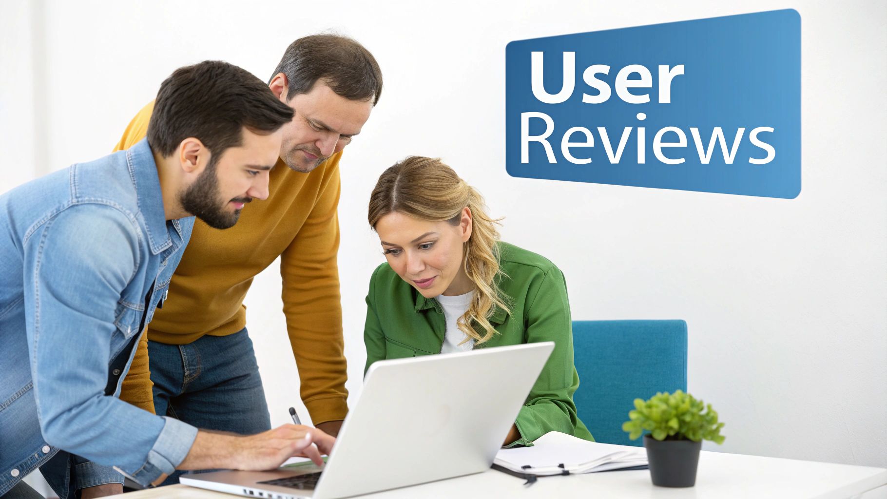 Three colleagues collaborating on a laptop, with a 'User Reviews' sign on the wall.