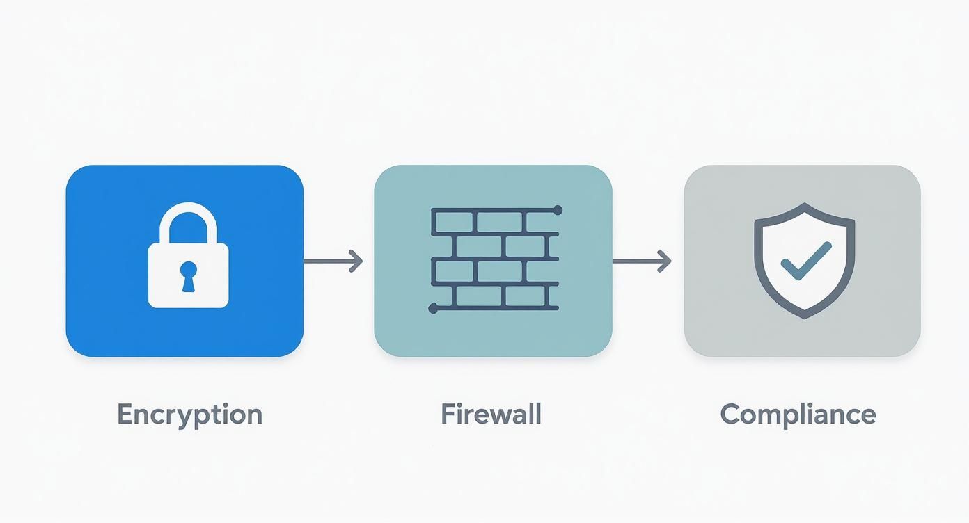A diagram showing a three-step security process: encryption with a padlock, firewall with a brick wall, and compliance with a shield and checkmark.
