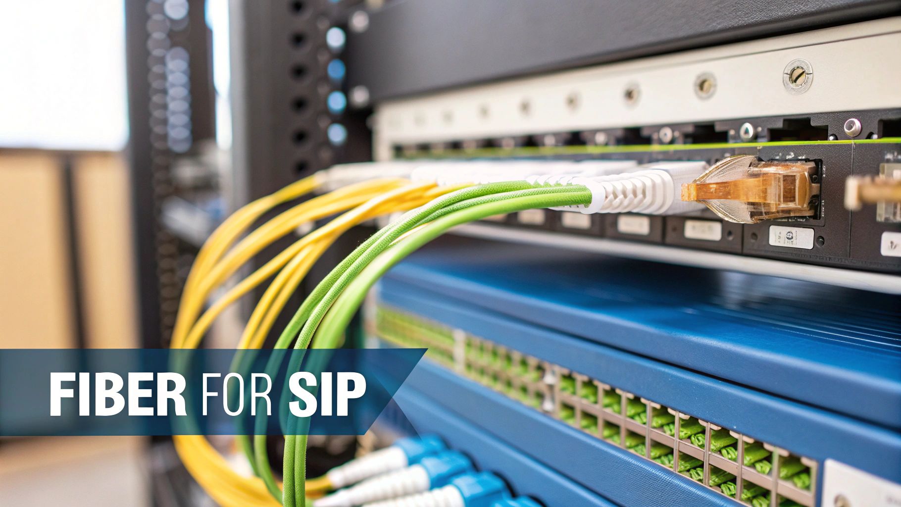 Fiber optic network cables connected to SIP trunking equipment in professional server rack