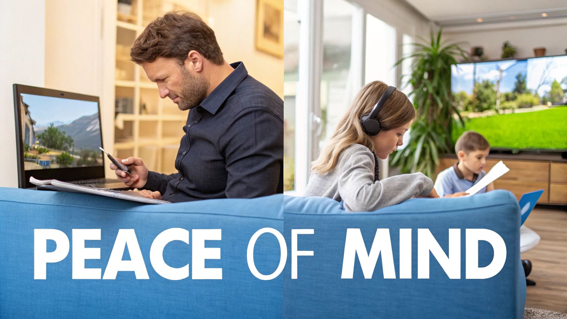 A man on a laptop and phone, and kids with headphones and reading, symbolizing peace of mind.