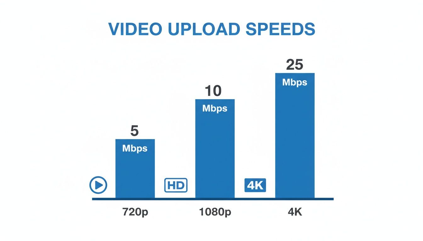 A bar chart showing recommended video upload speeds for 720p, 1080p HD, and 4K resolutions.