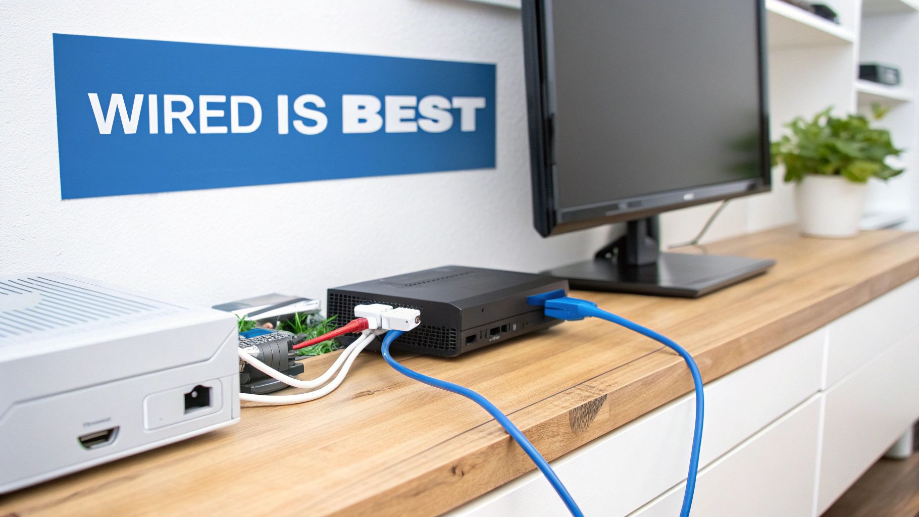 Close-up of a wired network setup with multiple devices, colorful cables, a monitor, and a 'WIRED IS BEST' sign.