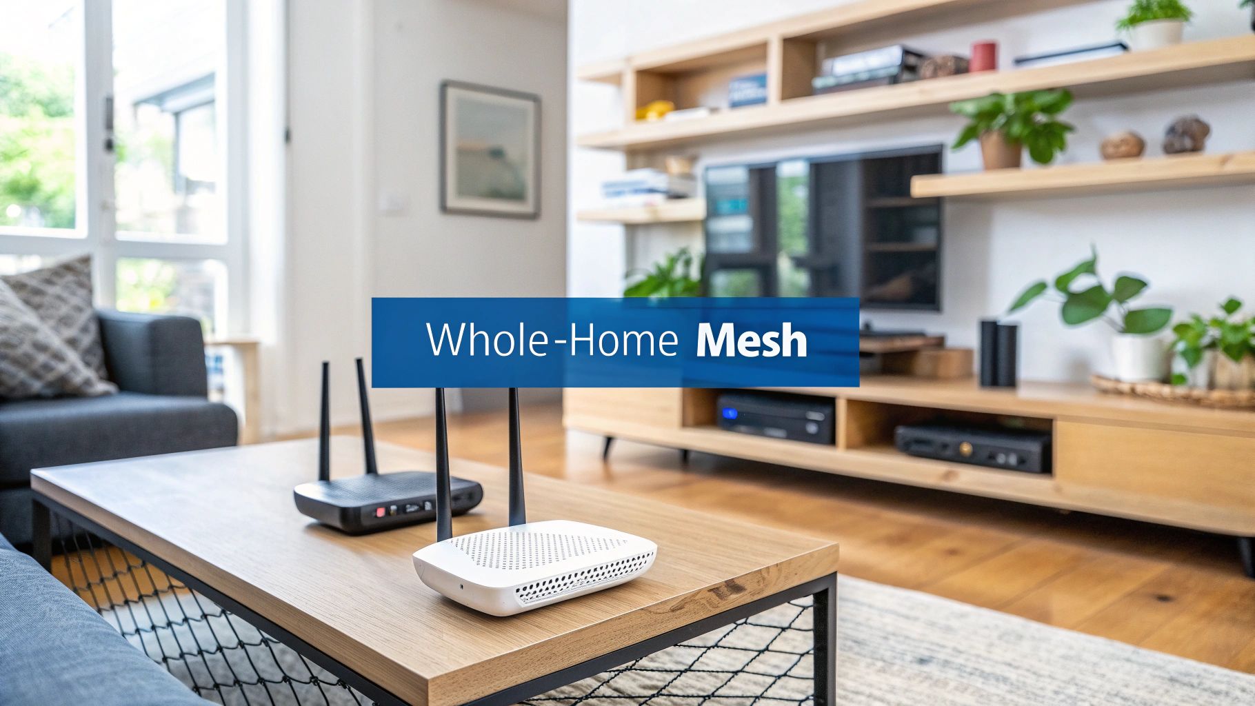 Modern living room featuring two Wi-Fi mesh routers on a wooden coffee table, promoting whole-home network.