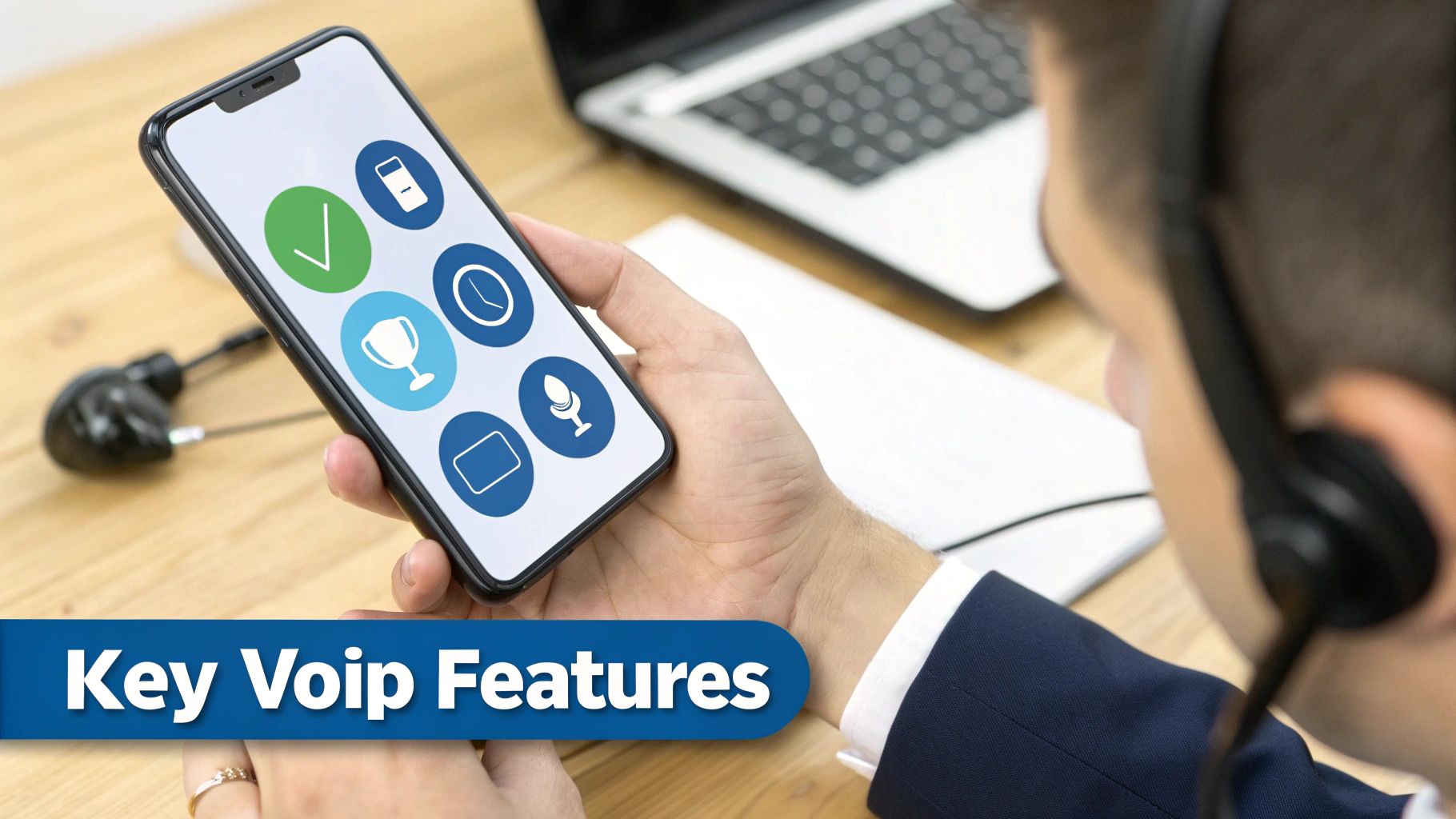 A person holding a smartphone displaying icons related to key VoIP features, wearing a headset.