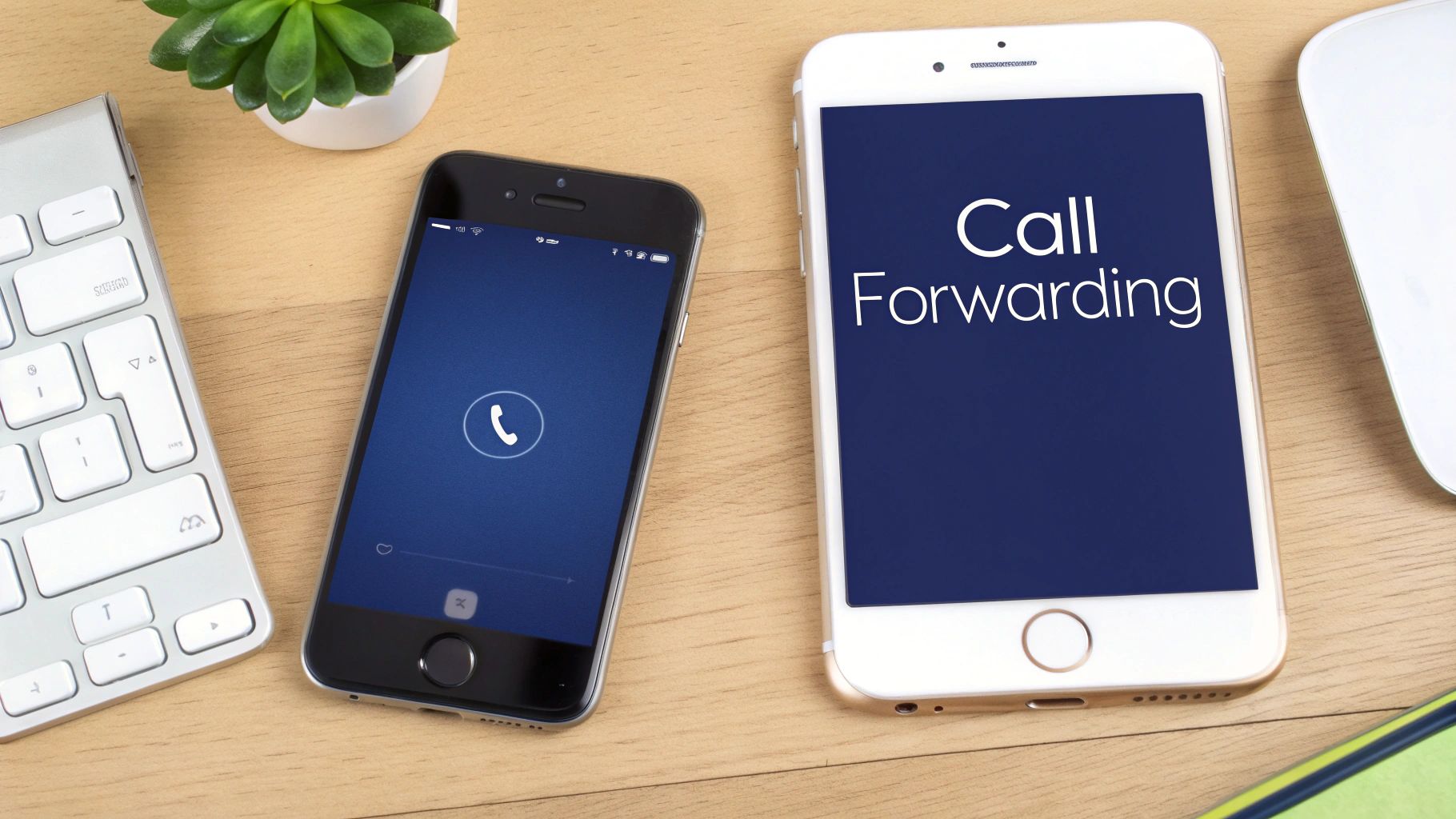 Two smartphones on a wooden desk, one displaying 'Call Forwarding' and another showing a call screen.