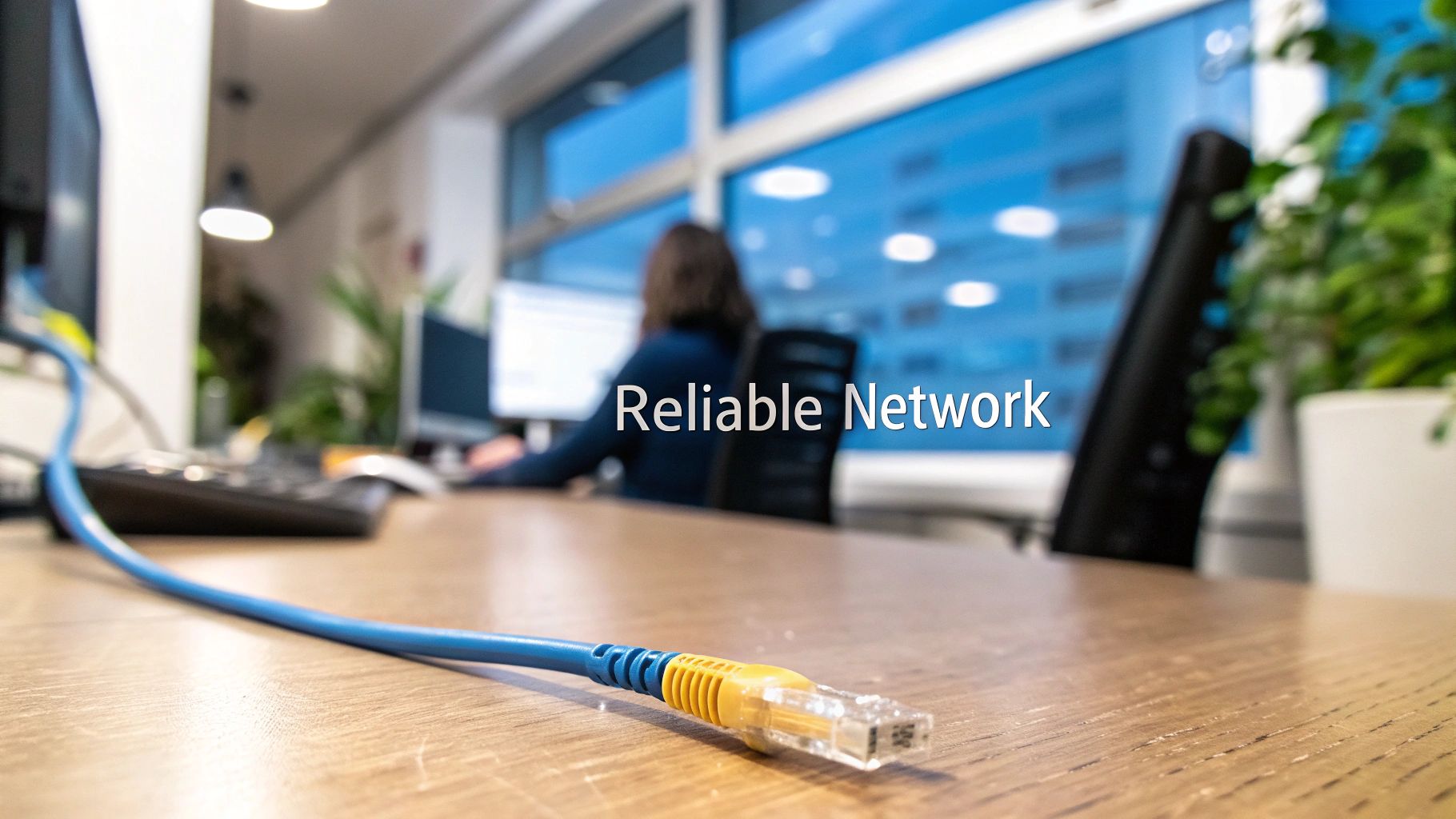 Close-up of a blue Ethernet cable on a wooden desk, symbolizing a reliable network connection.