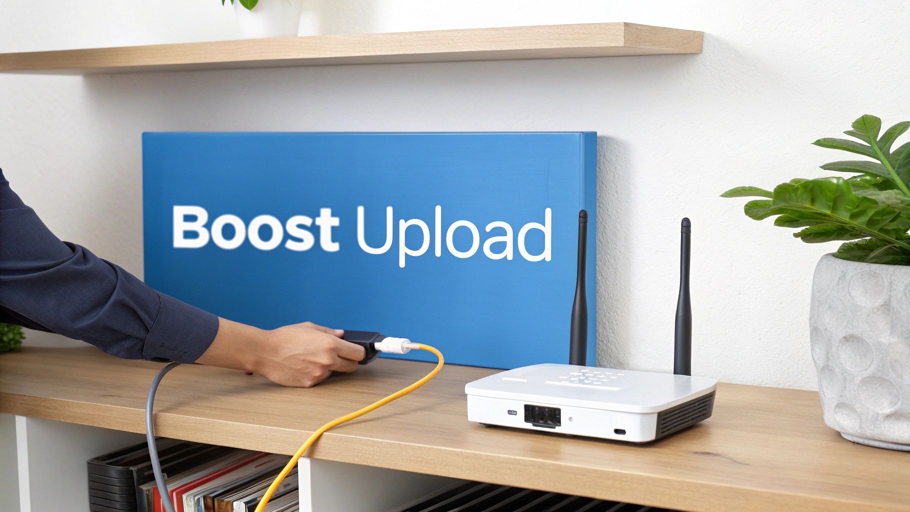 A bright, modern home office with a person on a flawless video call, representing the power of fiber internet.