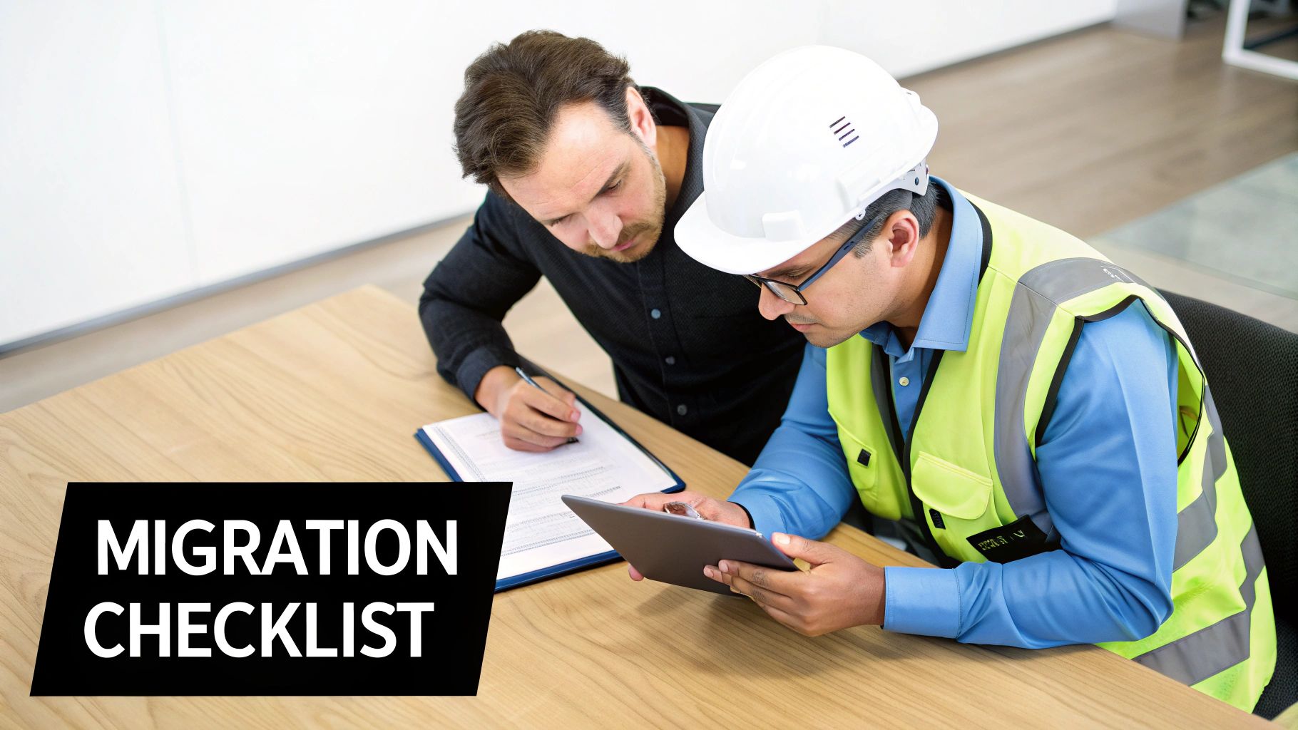 Two men, one in a hard hat, reviewing a migration checklist on a tablet and document.