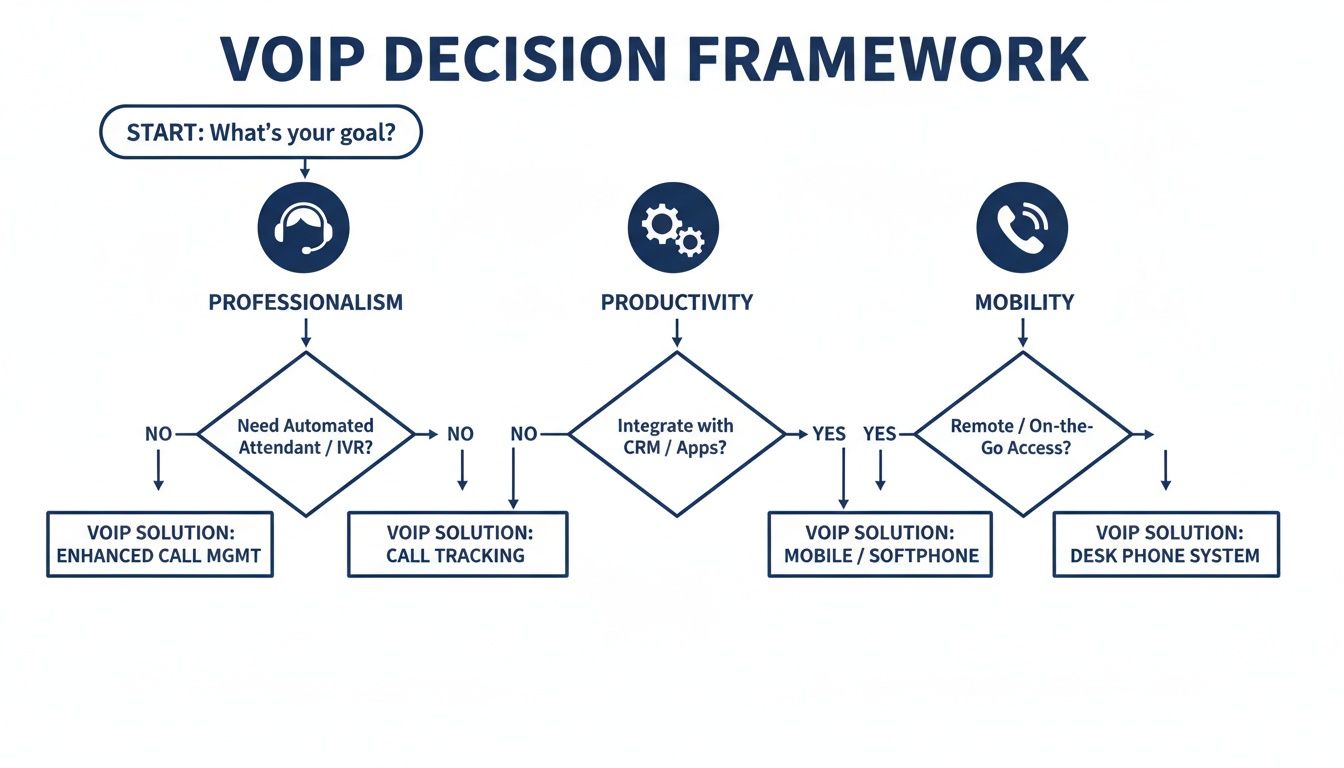 Flowchart outlining a VOIP decision framework based on goals like professionalism, productivity, and mobility.