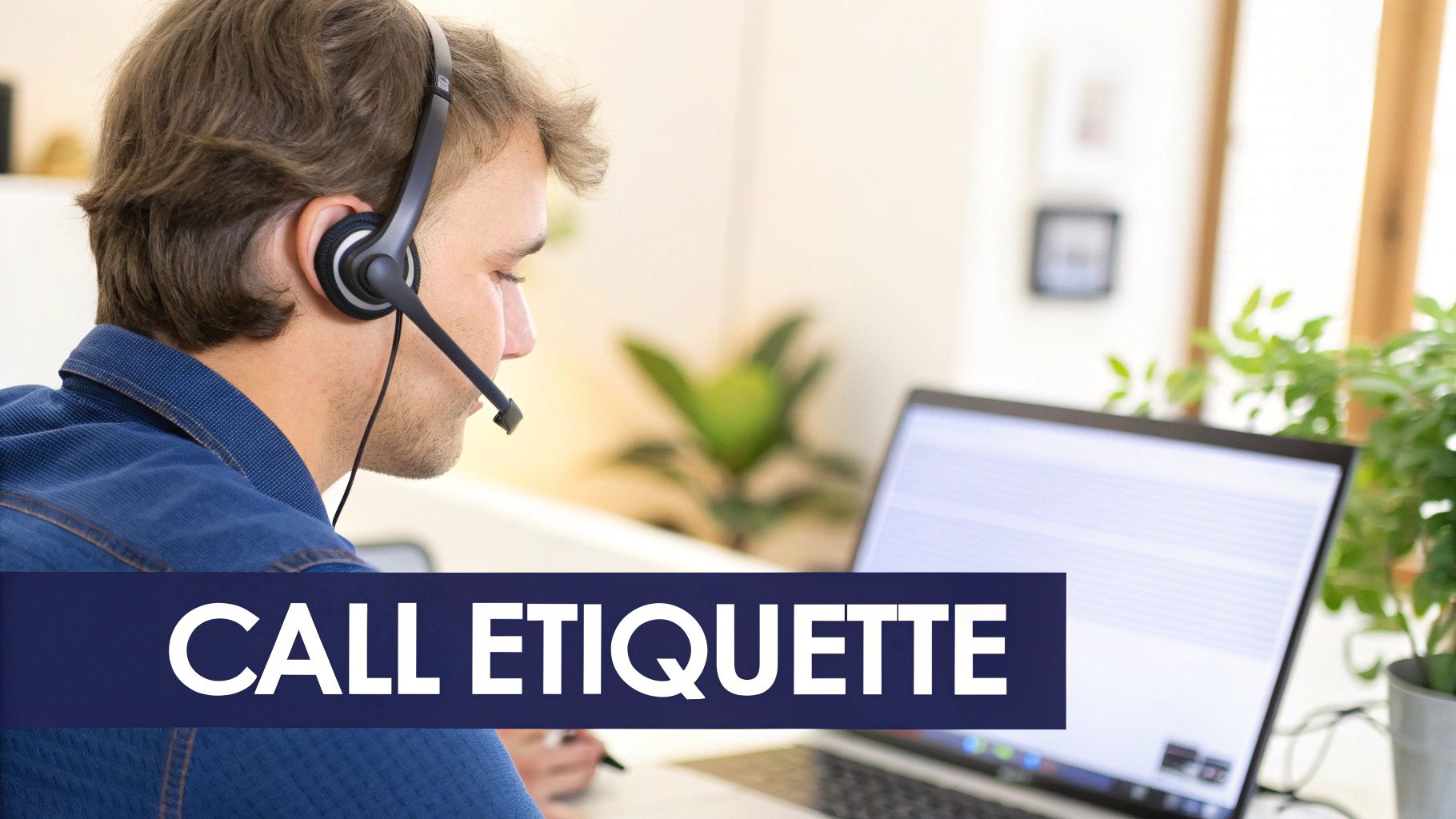 A man wearing a headset looks at a laptop, working in a call center environment, with 'CALL ETIQUETTE' text.