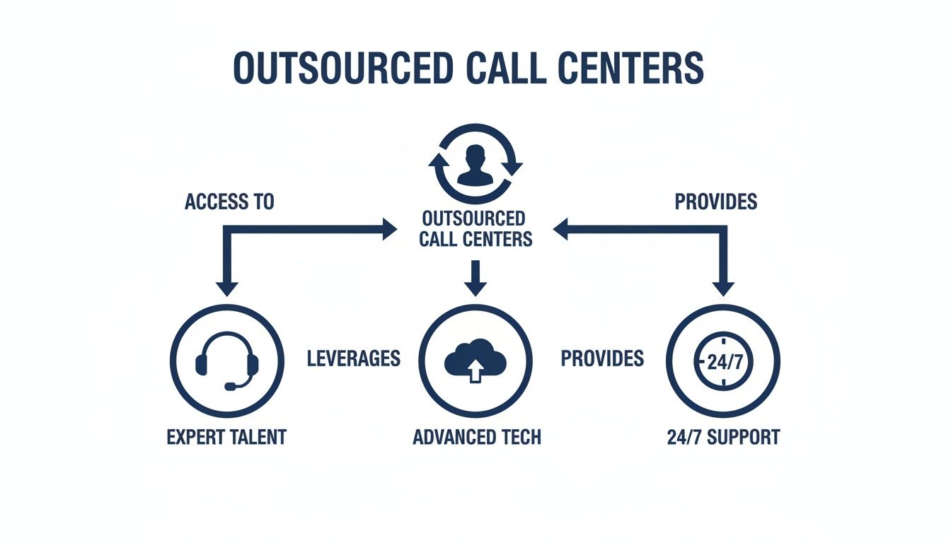 Infographic detailing how outsourced call centers provide access to expert talent, leverage advanced technology, and offer 24/7 support.