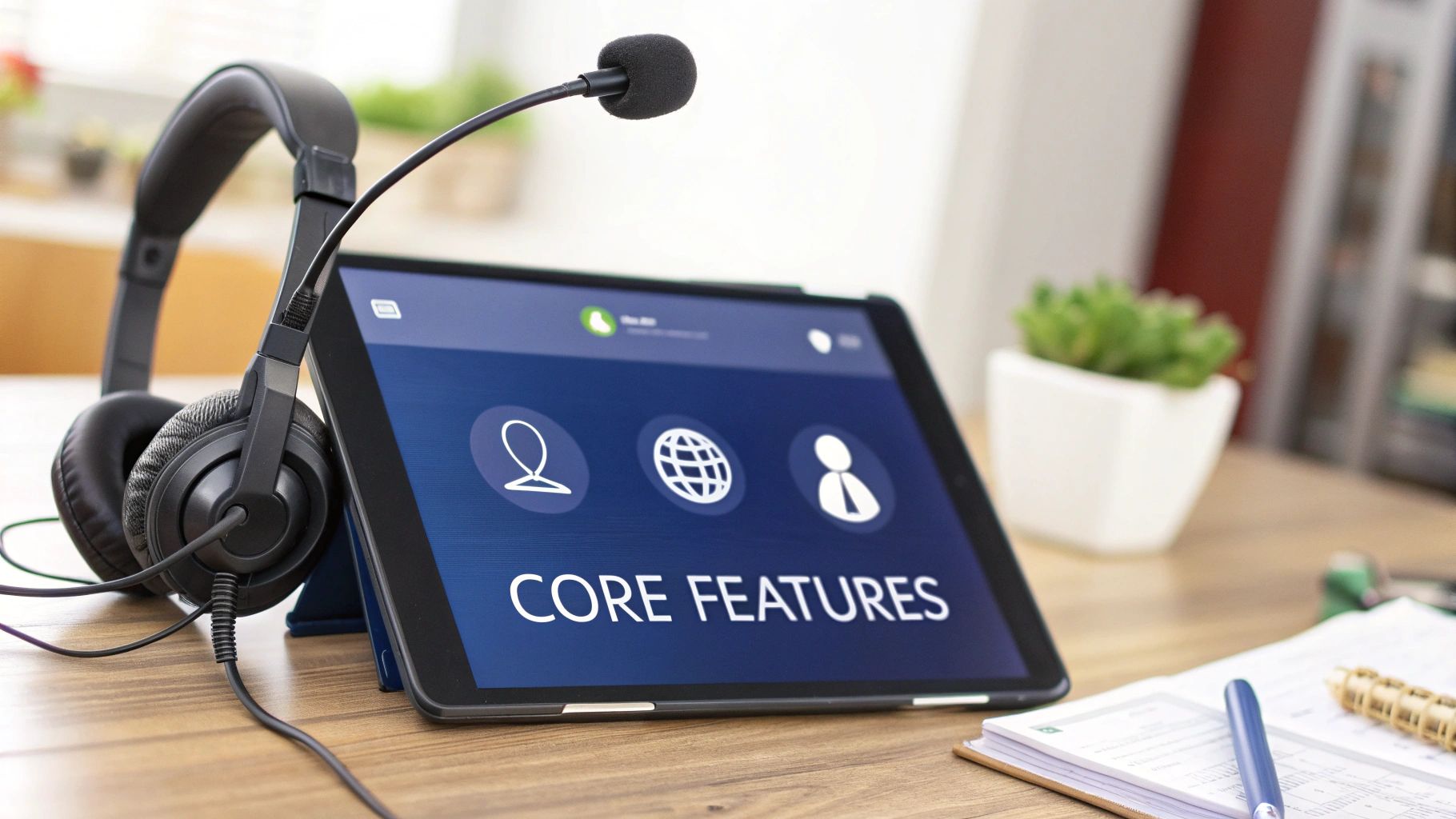 Tablet displaying 'CORE FEATURES' with headset and microphone, suggesting modern contact center or remote communication.