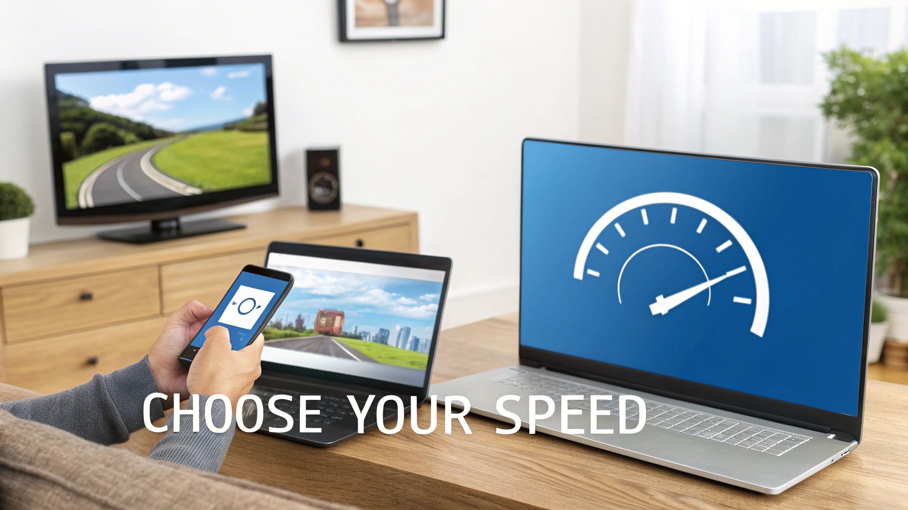 A person chooses internet speed on a smartphone, with laptops and a TV showing road and speedometer graphics.