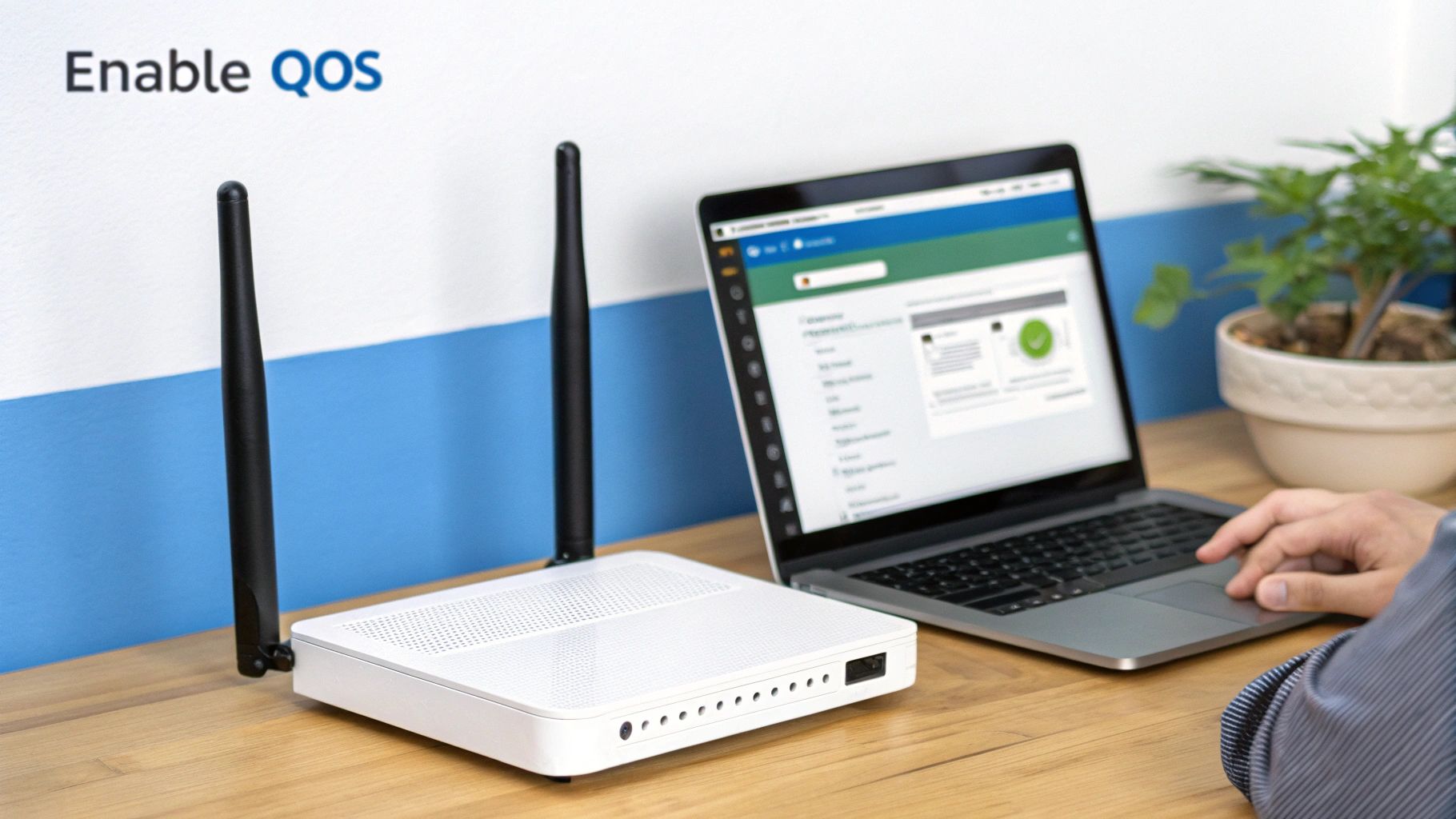 Person using a laptop to configure a white internet router with antennas, displaying 'Enable QOS' on screen.