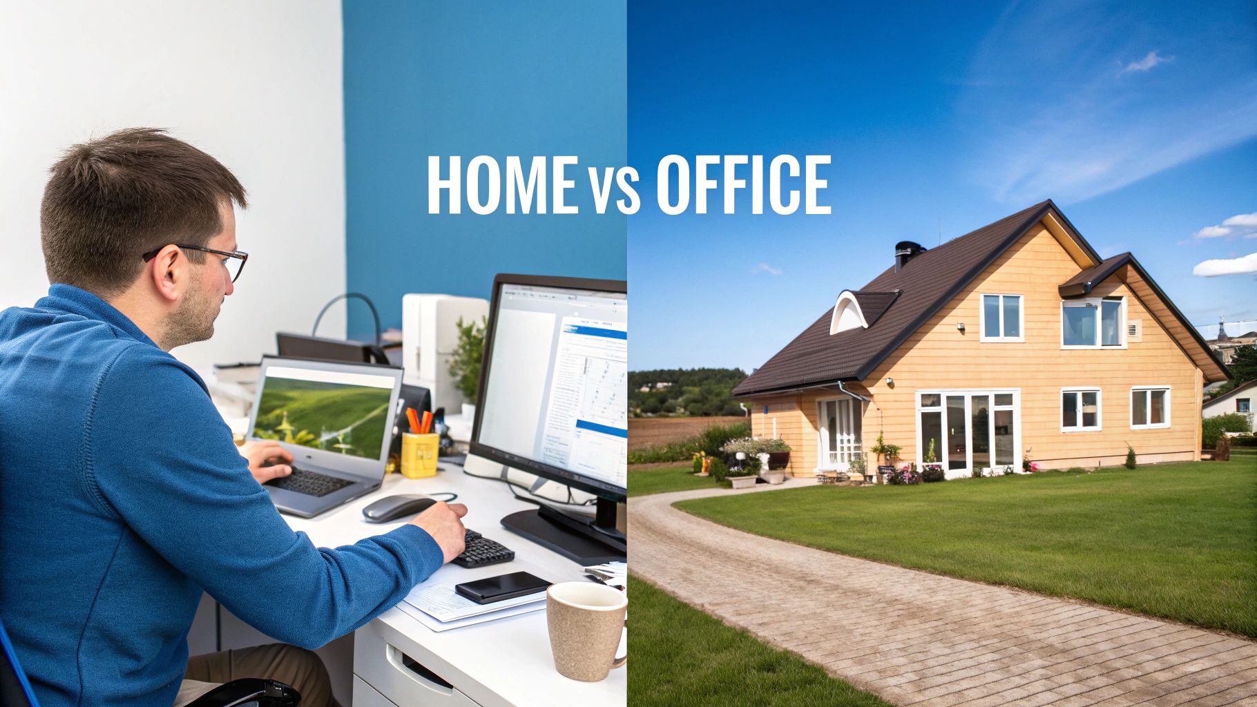 Man working at a desk with computers and a house illustrating home vs office work setup.