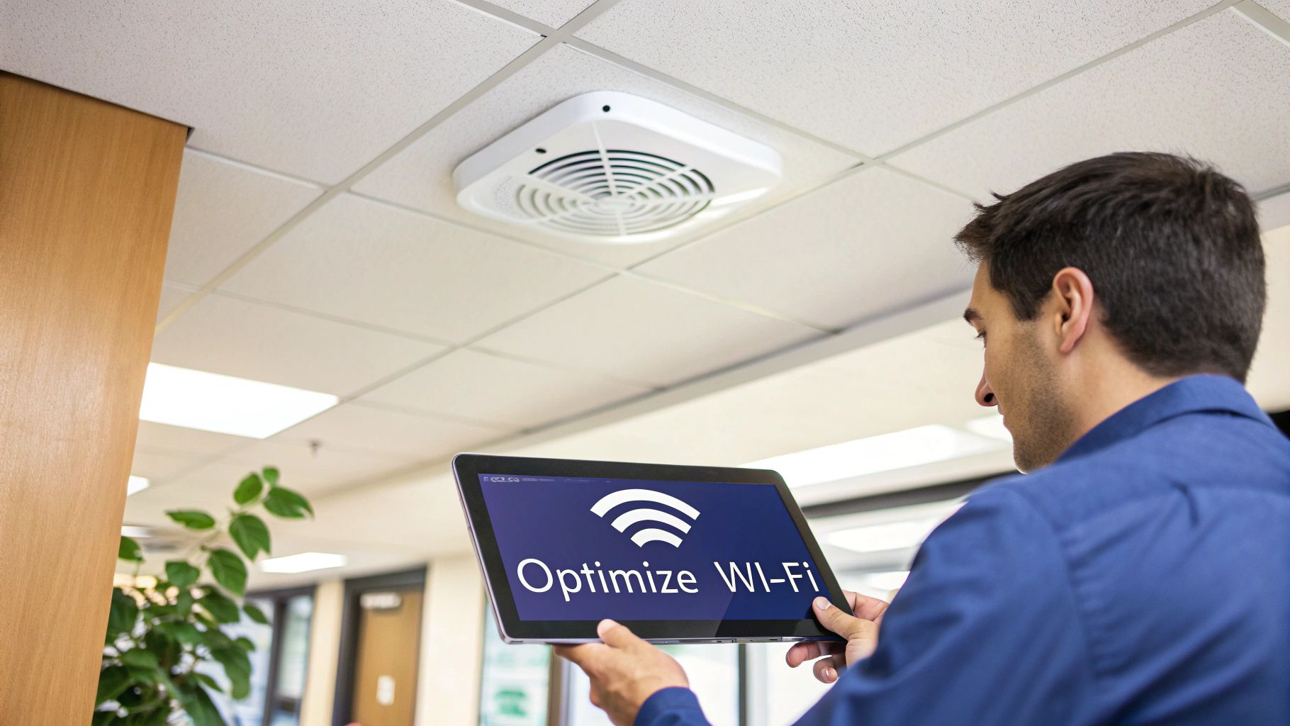Man optimizing office Wi-Fi with a tablet, a ceiling device visible overhead.