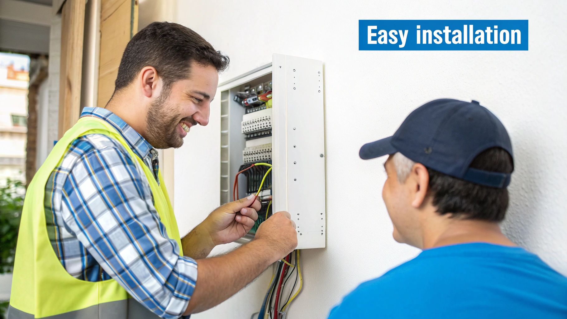A smiling electrician in a high-vis vest installs wires in an electrical panel, watched by another man, emphasizing easy installation.
