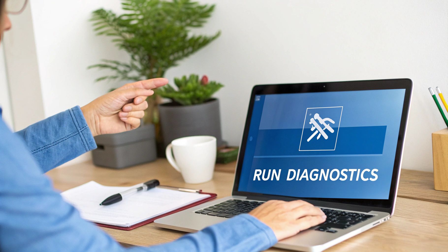 Person running computer diagnostics on laptop to troubleshoot and fix network connectivity issues