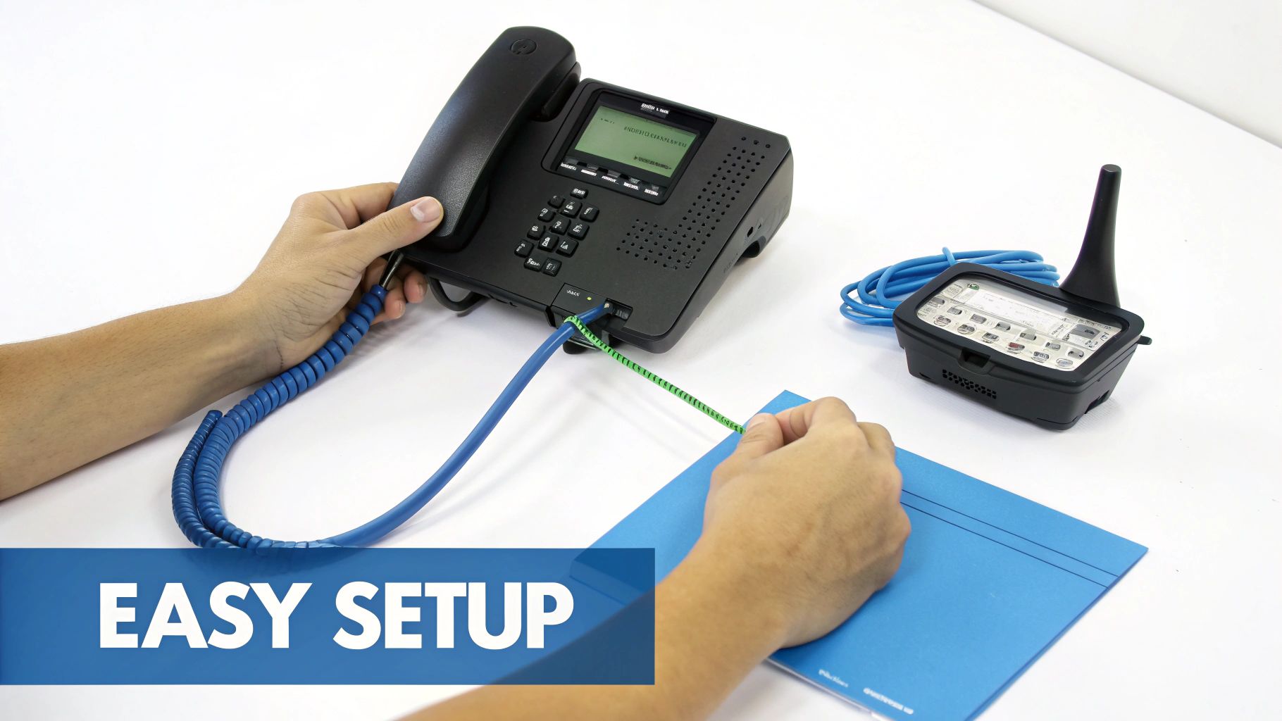 Person's hands connecting network cables to a black VoIP phone and communication device.