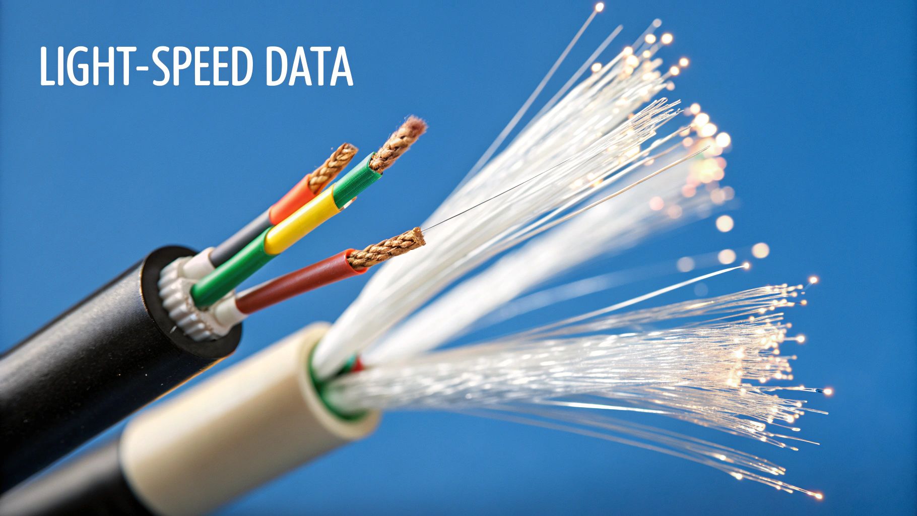 Glowing fiber optic cables next to traditional copper wires, symbolizing light-speed data transmission.