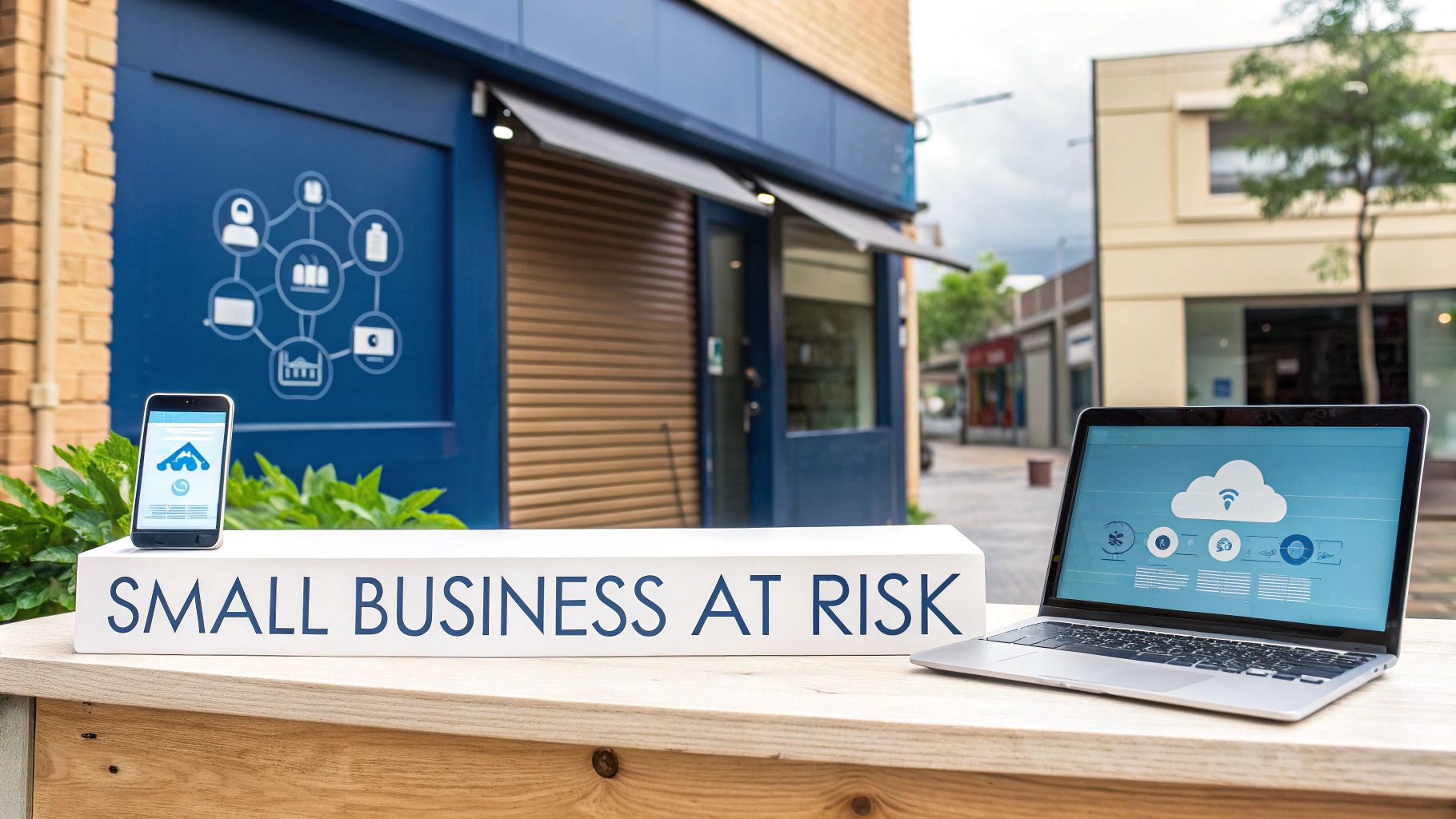A sign saying 'SMALL BUSINESS AT RISK' with a smartphone and laptop displaying cloud data.
