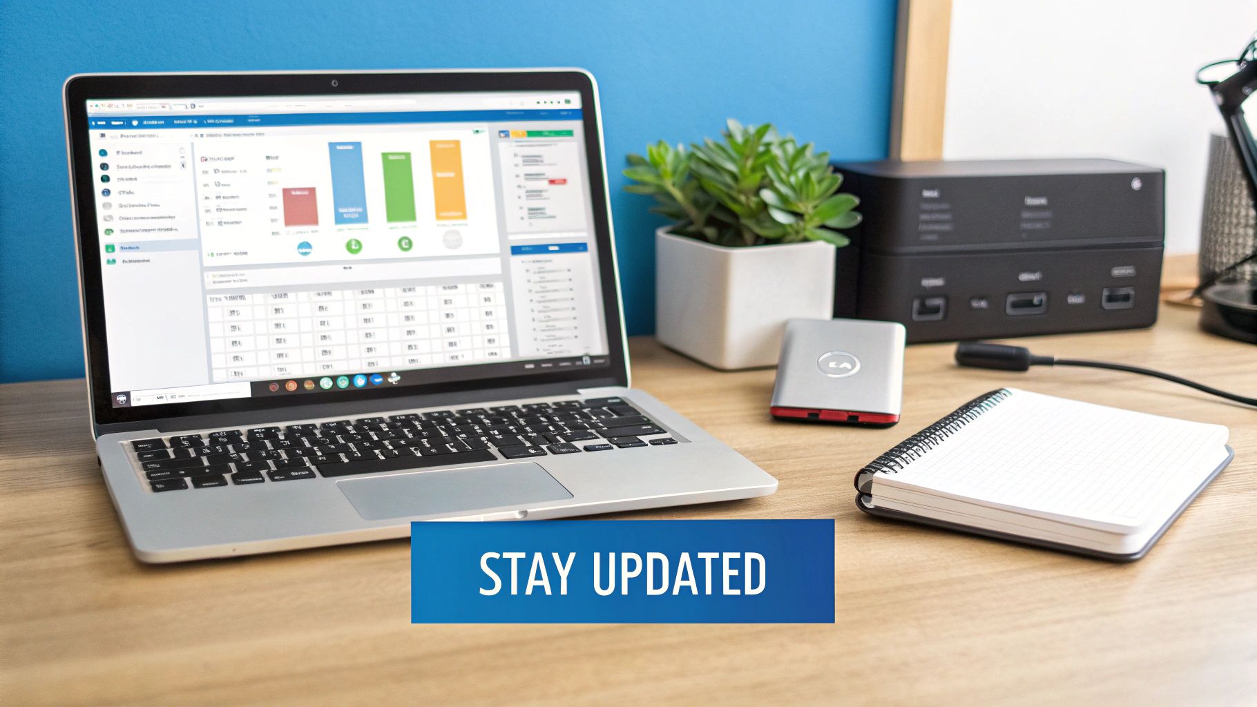 A laptop displaying a data dashboard on a wooden desk with a plant, external drive, and notebook.