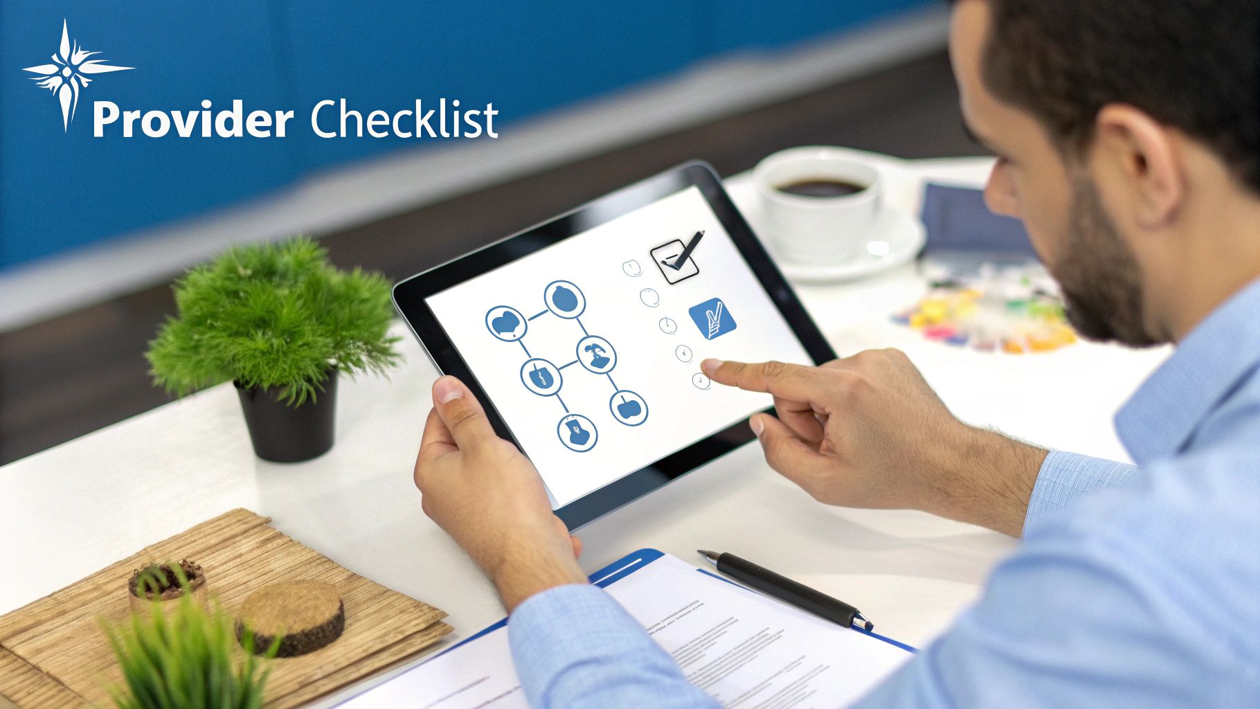 Man using a tablet to review a digital provider checklist with various icons and tasks.