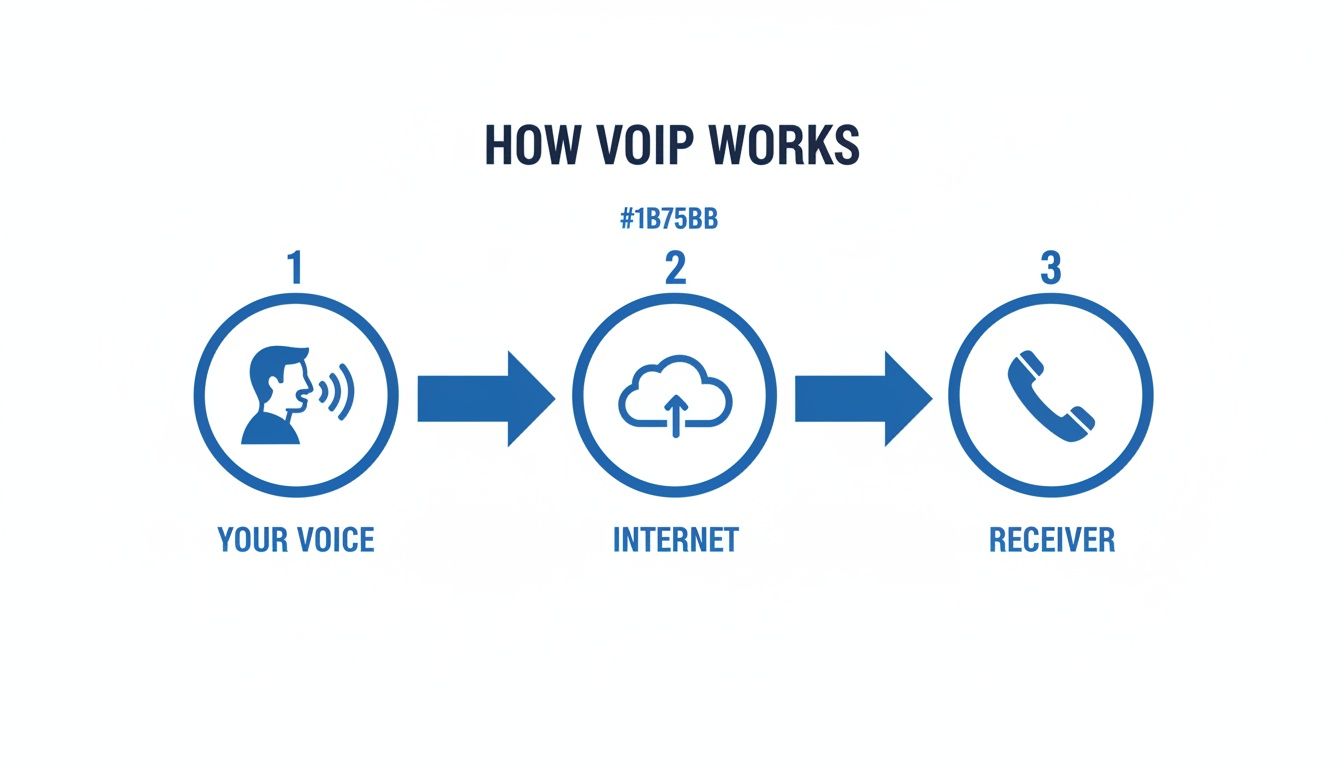 A diagram illustrating how VoIP works, showing voice processing through the internet to a receiver.