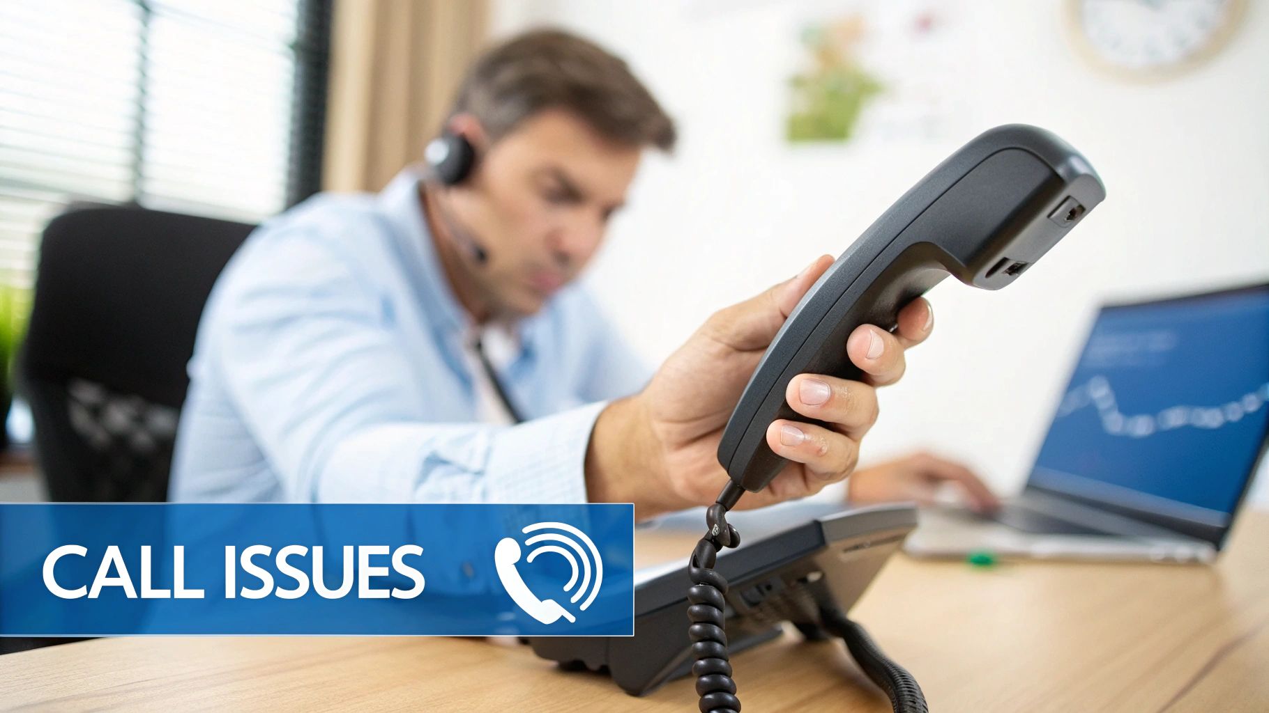 A frustrated person on the phone experiencing VoIP call quality issues.