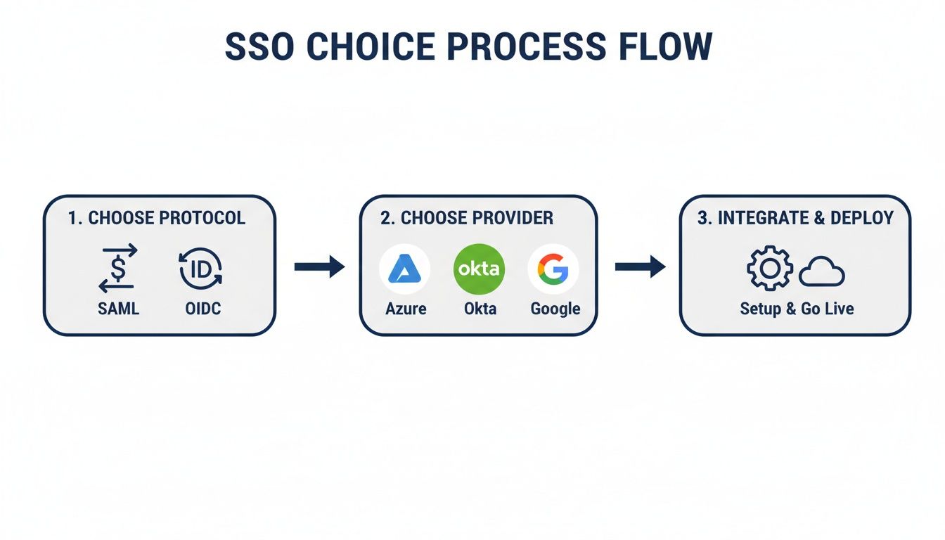 Flowchart detailing the 3-step SSO choice process: protocol, provider, and integration for deployment.