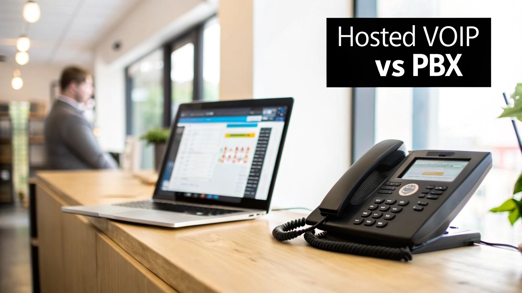 Office desk with a laptop and a black IP phone, illustrating a comparison of Hosted VOIP vs PBX solutions.