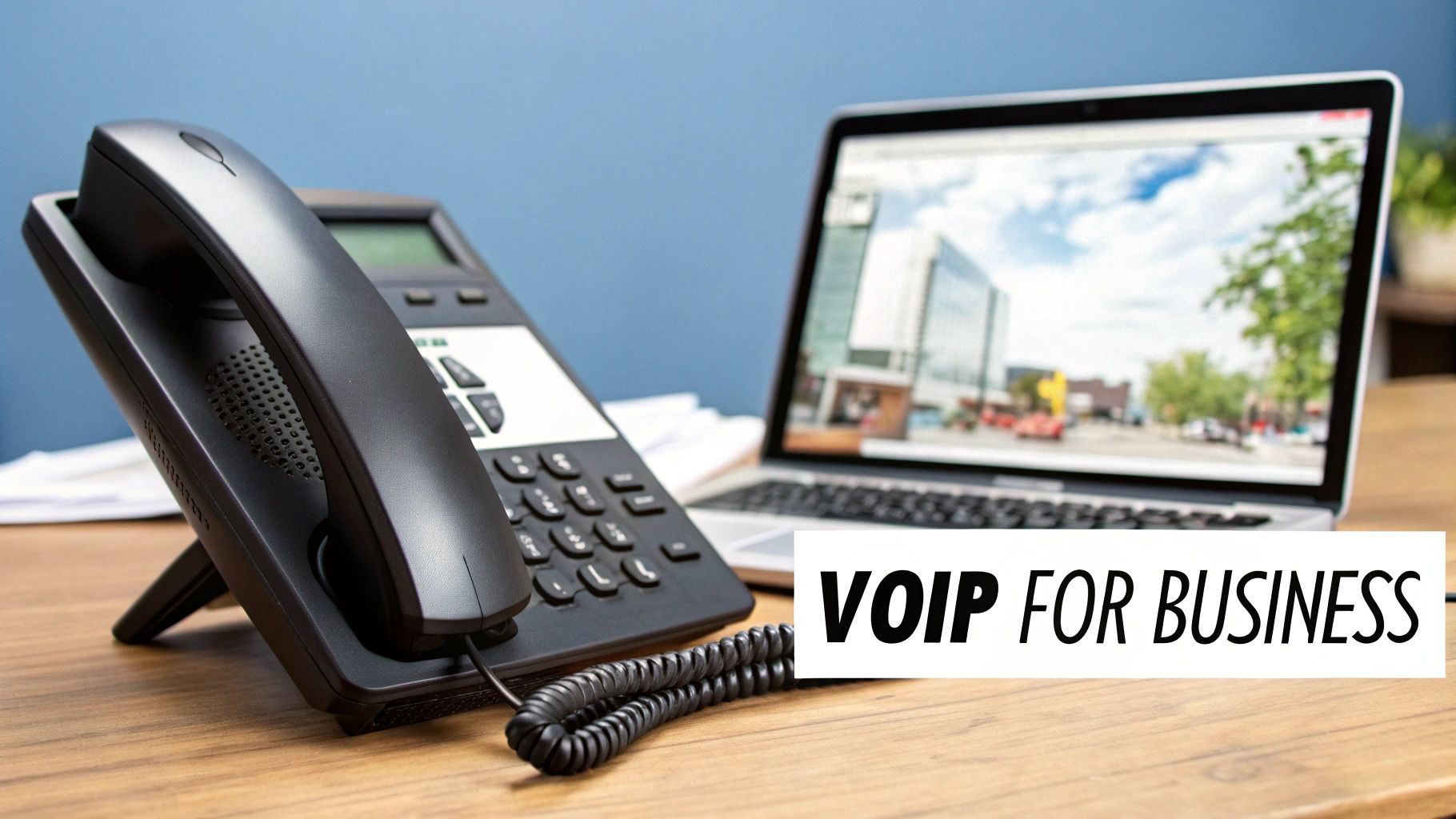 A black VoIP desk phone and an open laptop on a wooden desk with 'VOIP FOR BUSINESS' text.