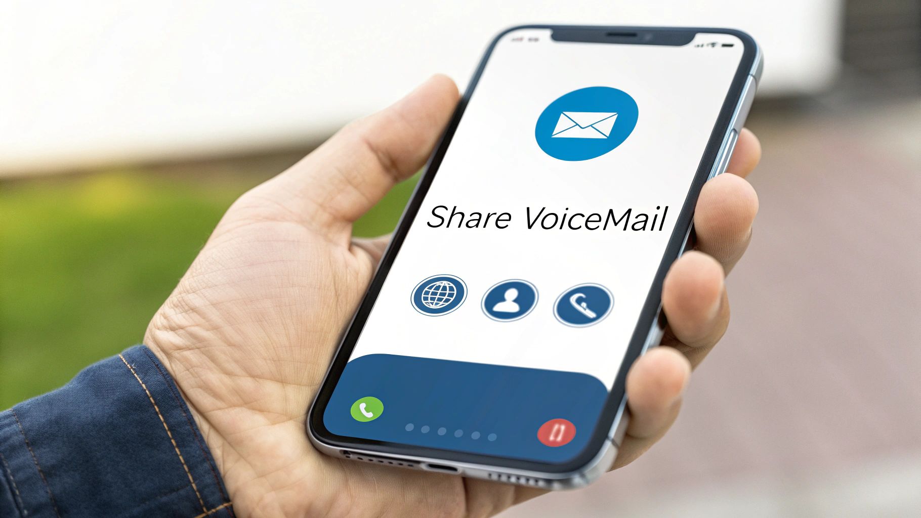 A hand holds a smartphone displaying a 'Share VoiceMail' screen with sharing icons.