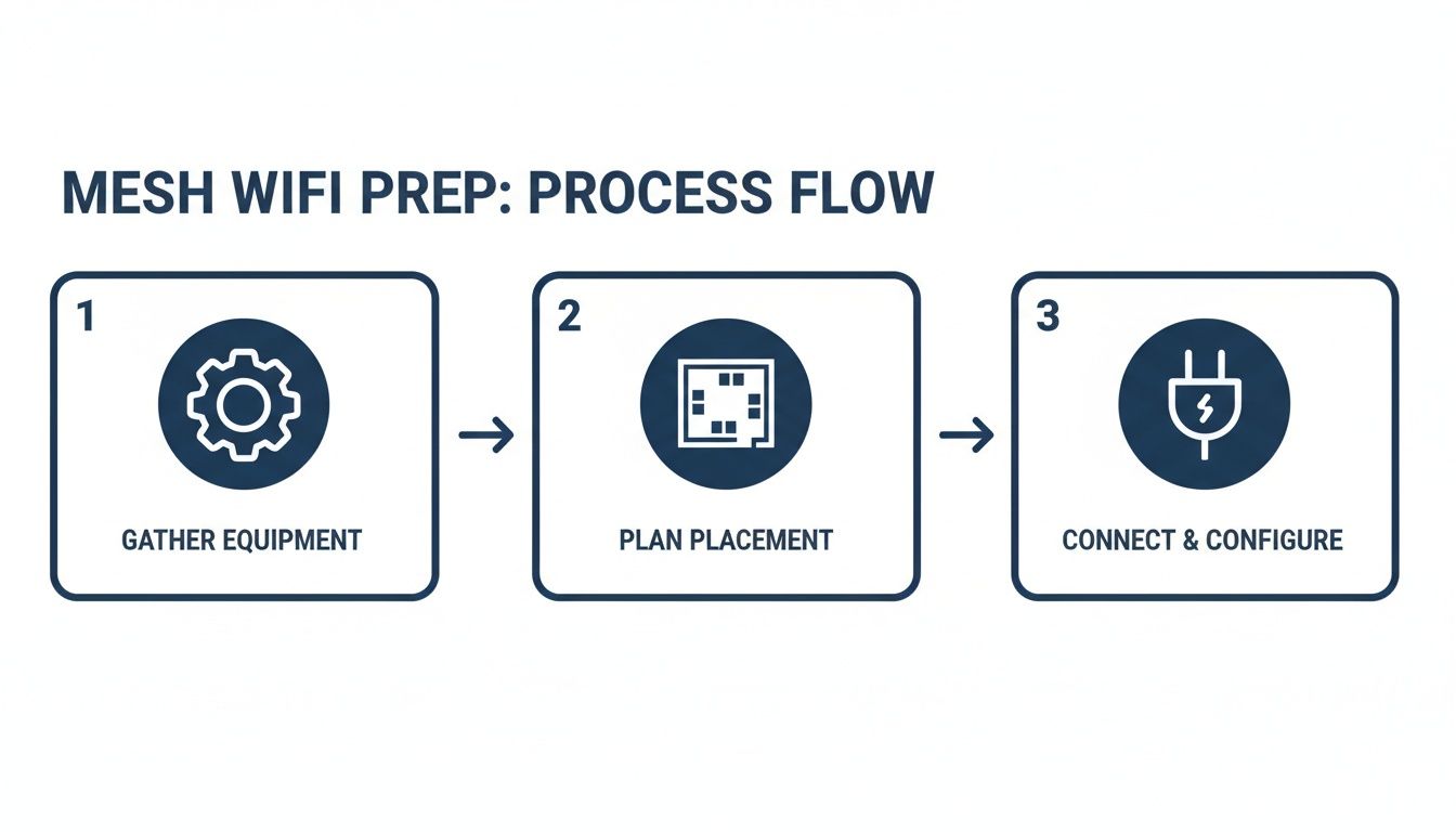 A three-step process flow diagram for mesh Wi-Fi preparation, showing equipment, placement, and connection.
