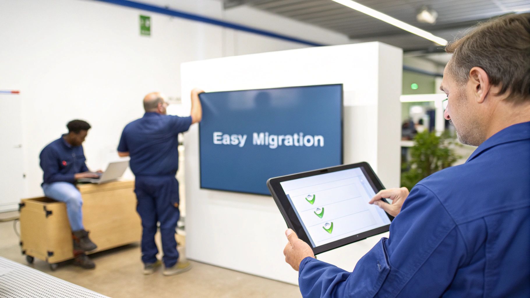 Technicians collaborate on an "Easy Migration" setup, using a tablet, large screen, and laptop.