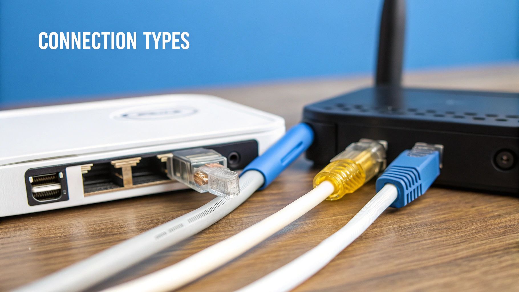 Close-up of network devices and multiple Ethernet cables demonstrating different connection types for internet.