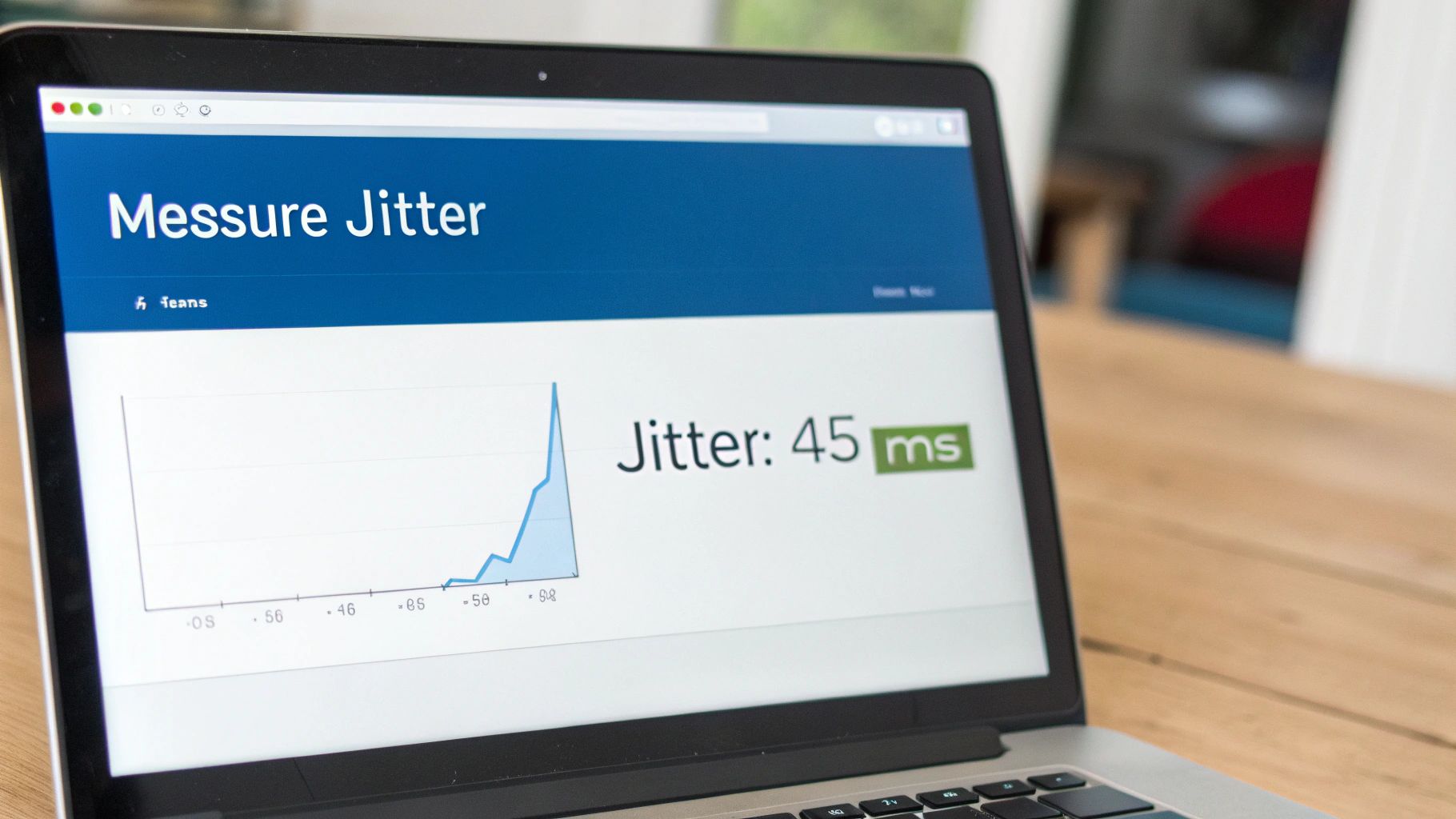 Laptop screen showing a 'Mesure Jitter' application with a graph and 'Jitter: 45 ms'.