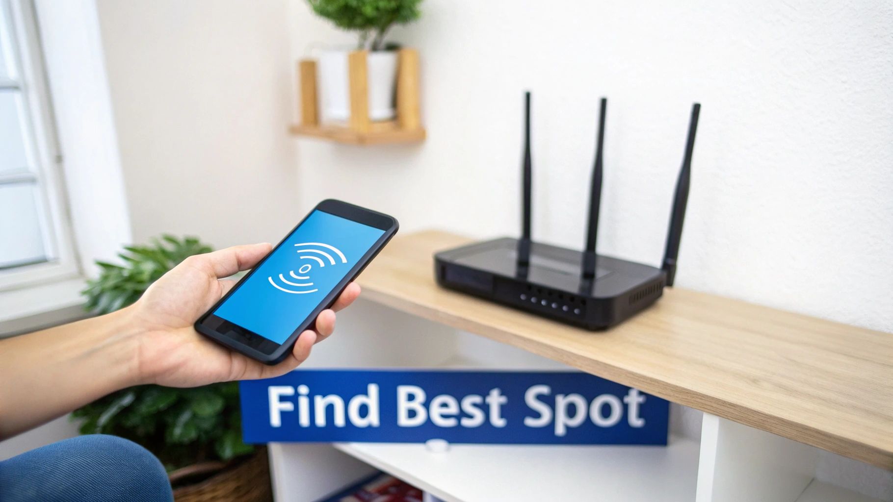 A hand holds a smartphone displaying a strong Wi-Fi signal icon near a black wireless router on a shelf.
