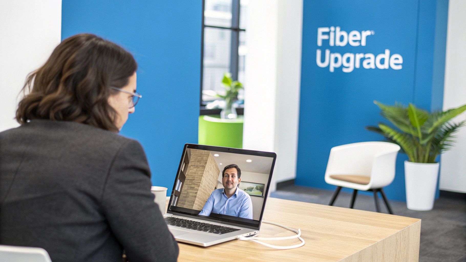 A person on a video call on a laptop in an office with a "Fiber Upgrade" sign.