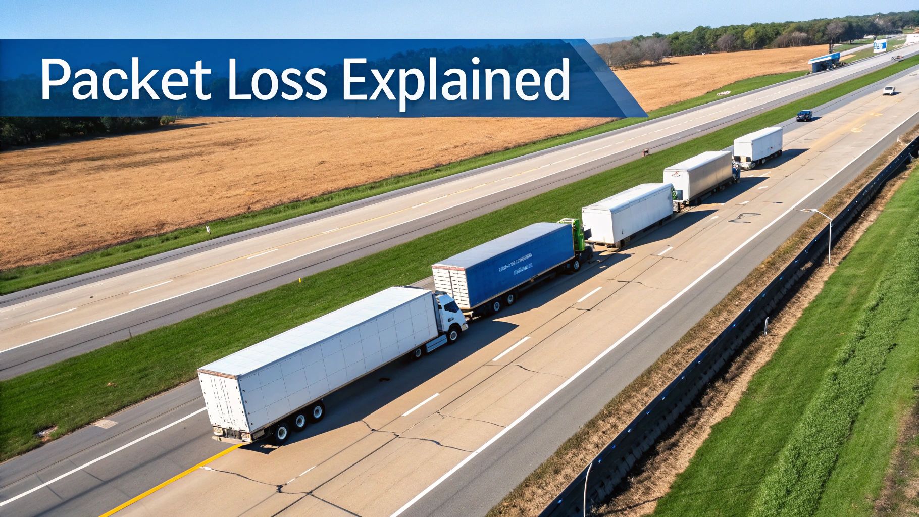 Aerial view of multi-trailer trucks on a highway, with a blue banner reading 'Packet Loss Explained'.