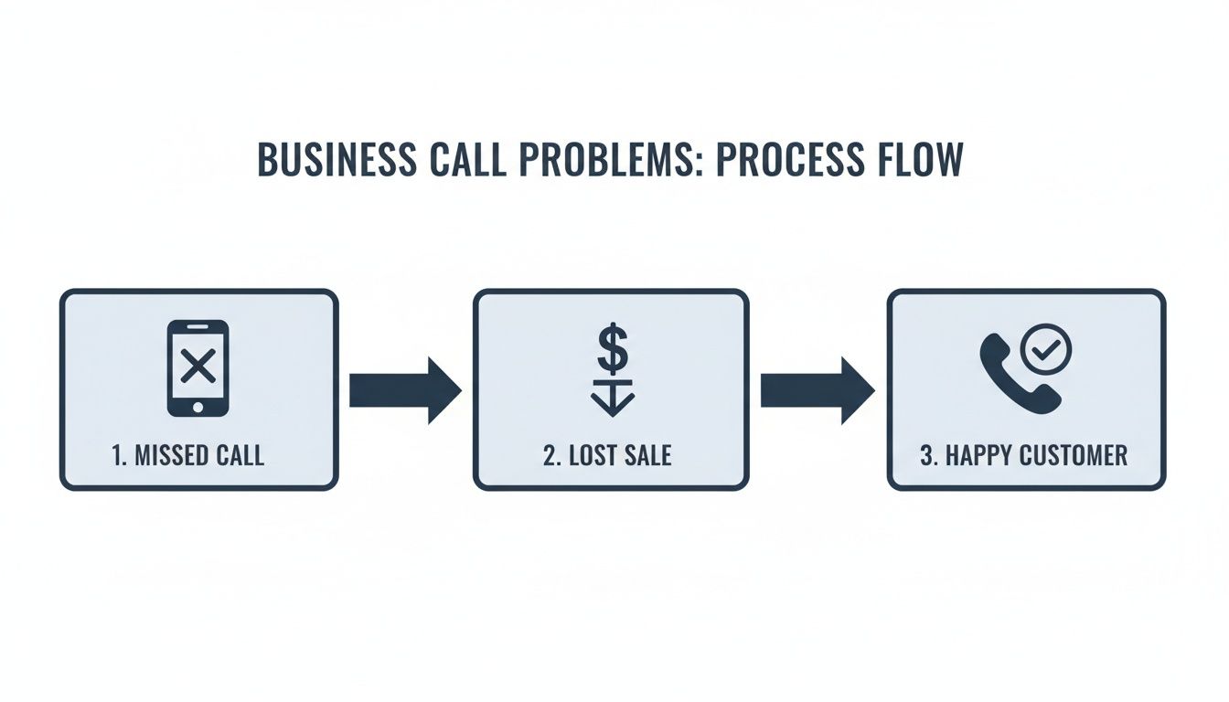 Flowchart illustrating business call problems: a missed call leads to a lost sale, preventing a happy customer.