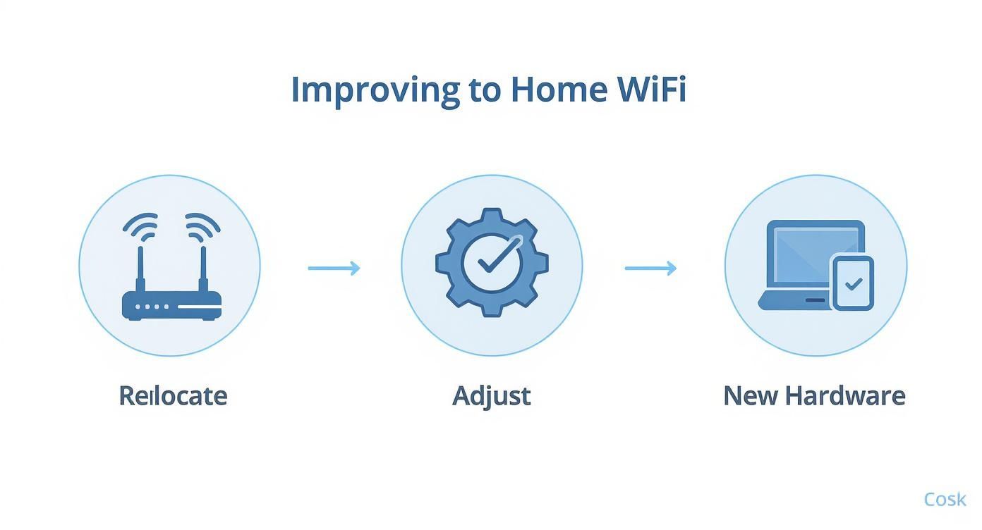 Three steps to improve home WiFi: relocate router, adjust settings, and get new hardware.