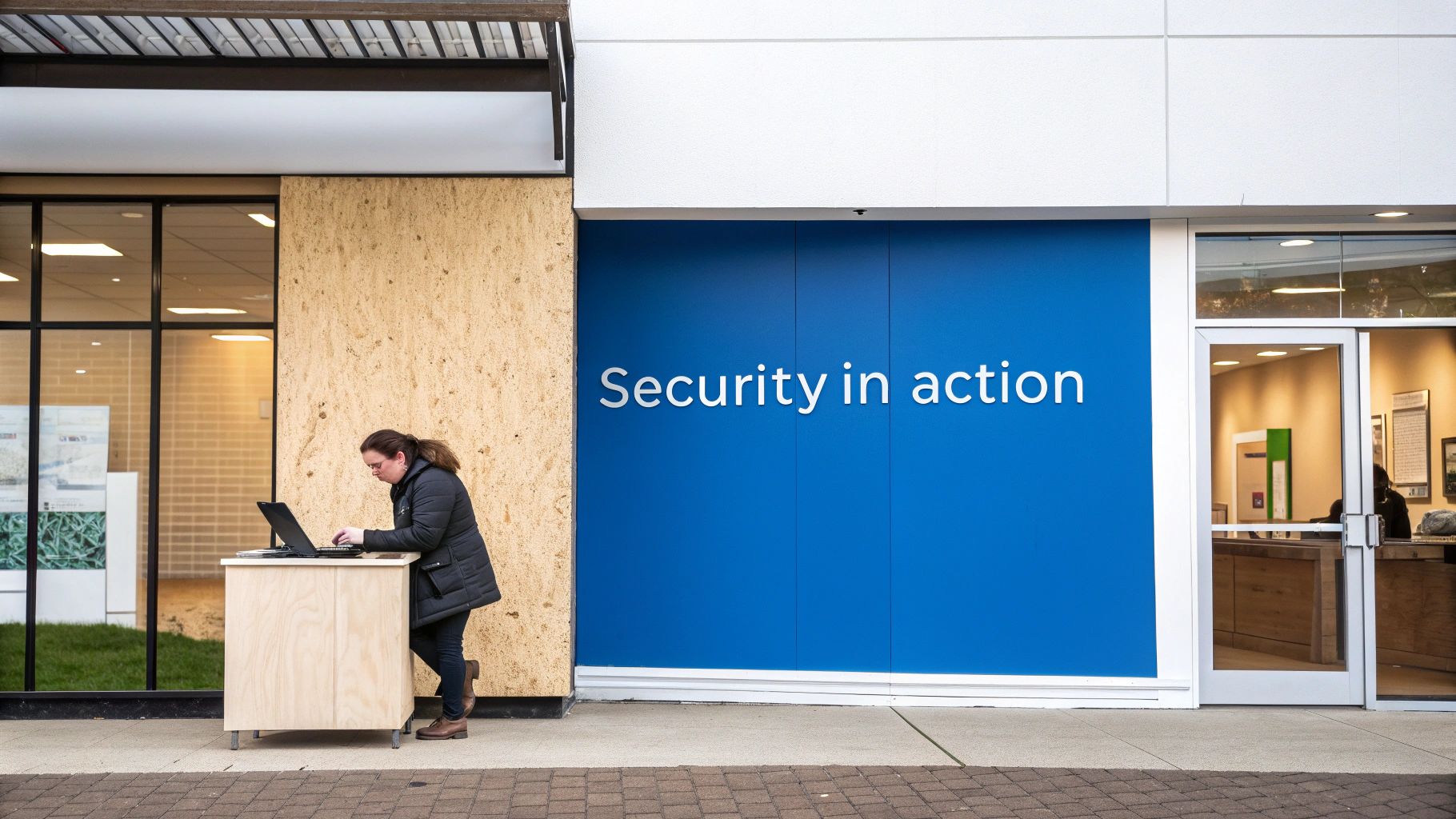 A woman works on a laptop at an outdoor desk next to a blue wall with "Security in action".