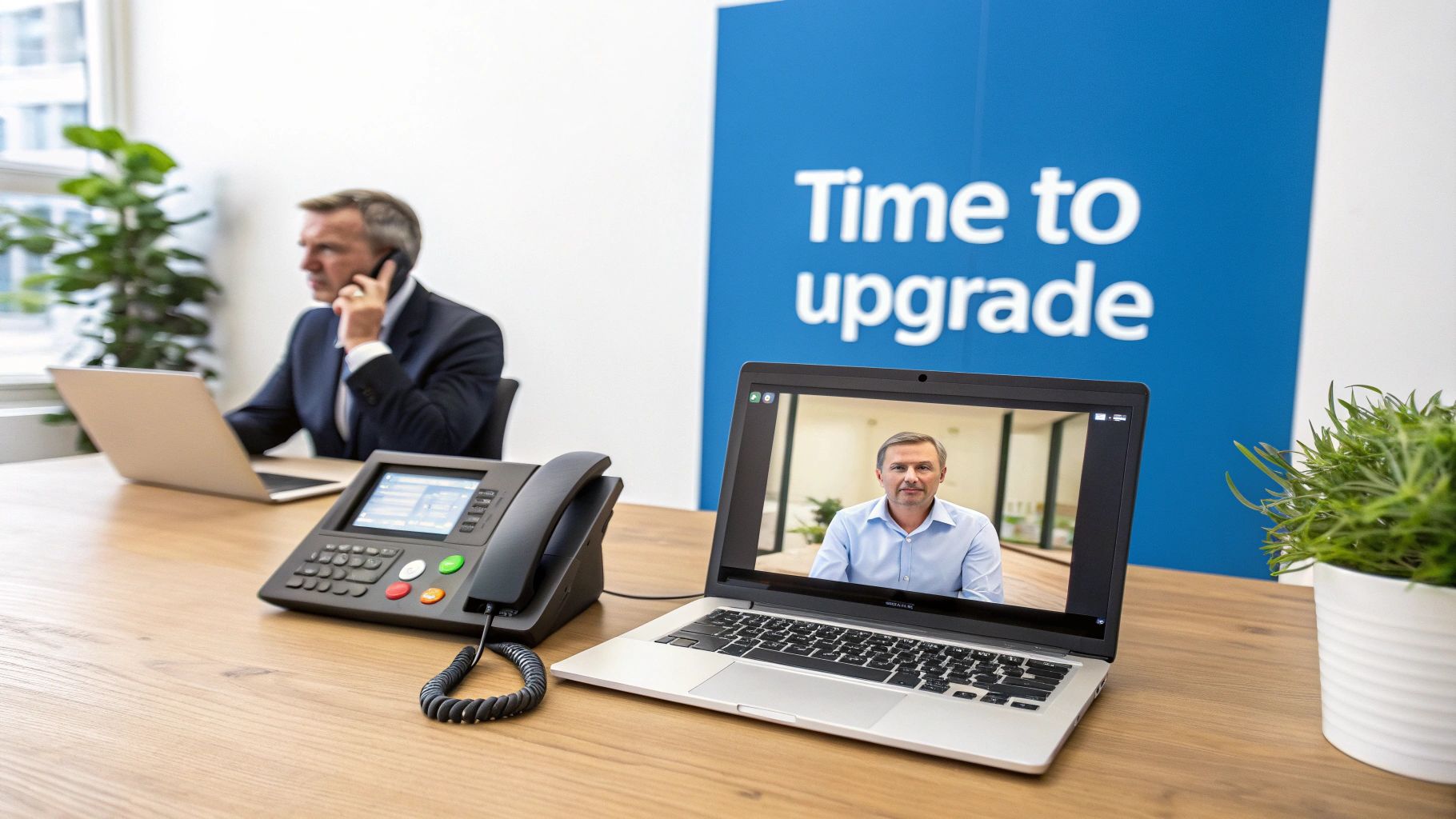 Professional office setup featuring a man on a video call and another on a phone.
