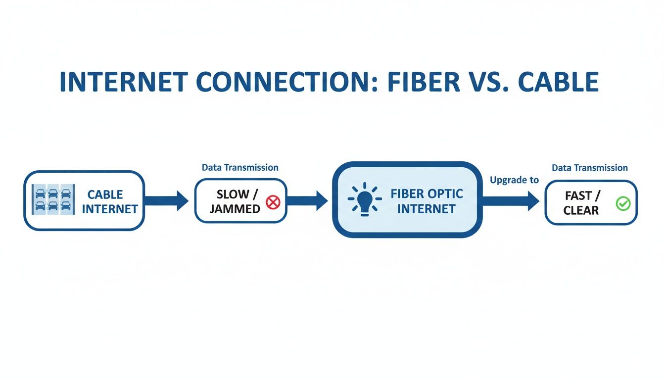 Diagram comparing cable internet's slow data transmission with fiber optic internet's fast and clear connection, showing an upgrade path.