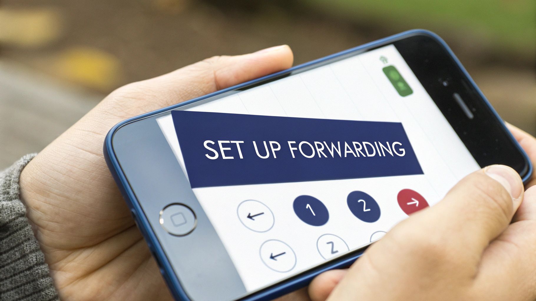 Hands holding a smartphone displaying 'SET UP FORWARDING' and navigation buttons.