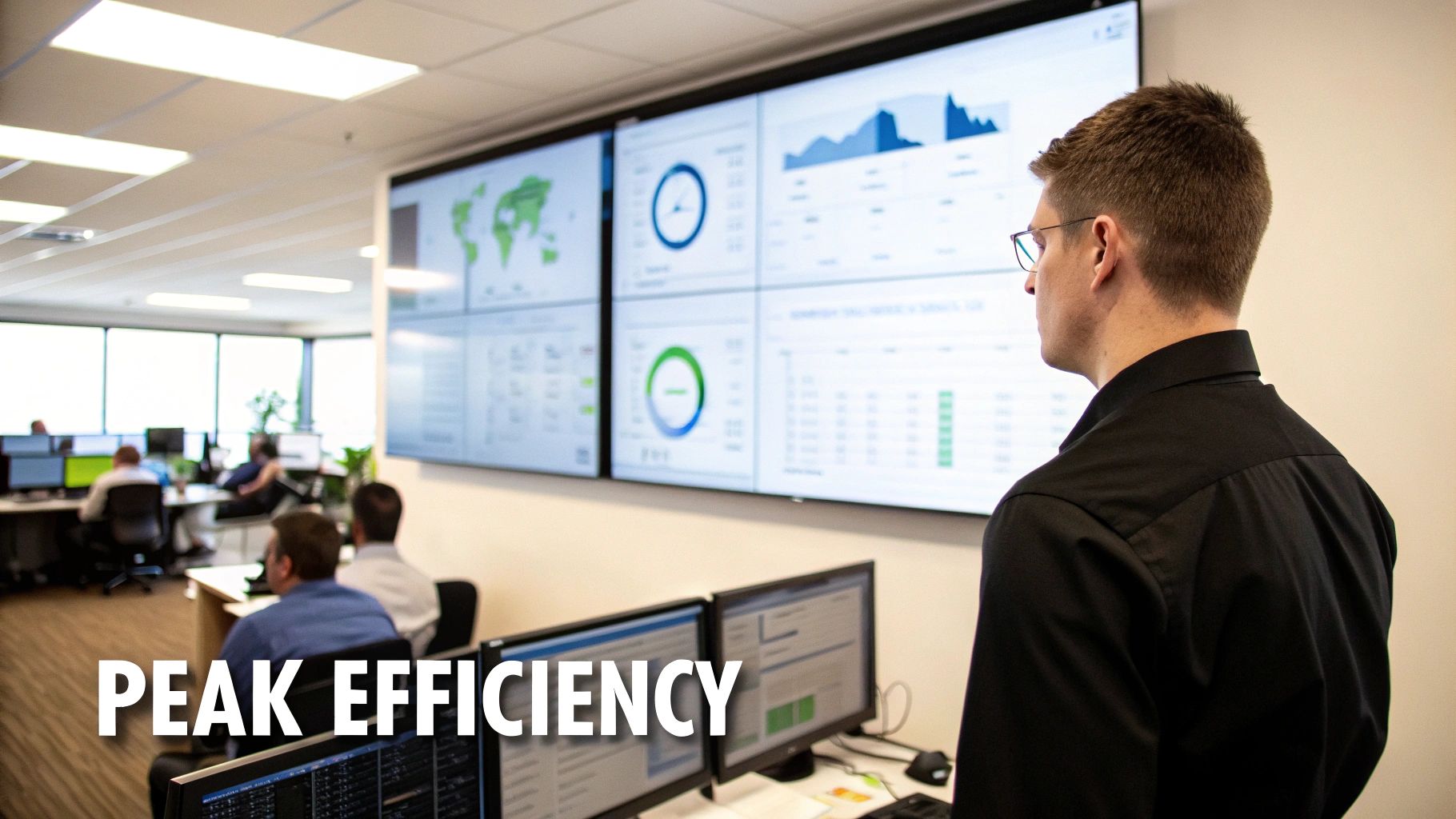 A man observes a large multi-screen dashboard displaying various data visualizations in an office.