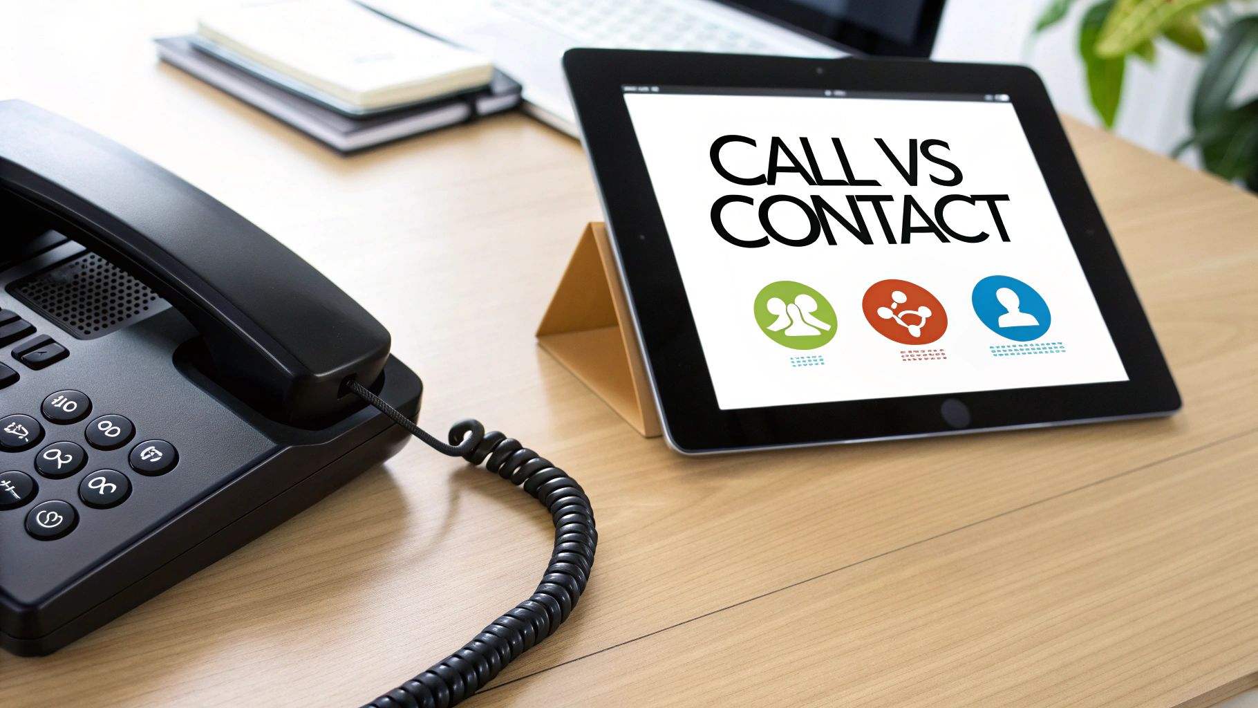 A desk with a landline phone and a tablet displaying 'CALL VS CONTACT' with various icons.