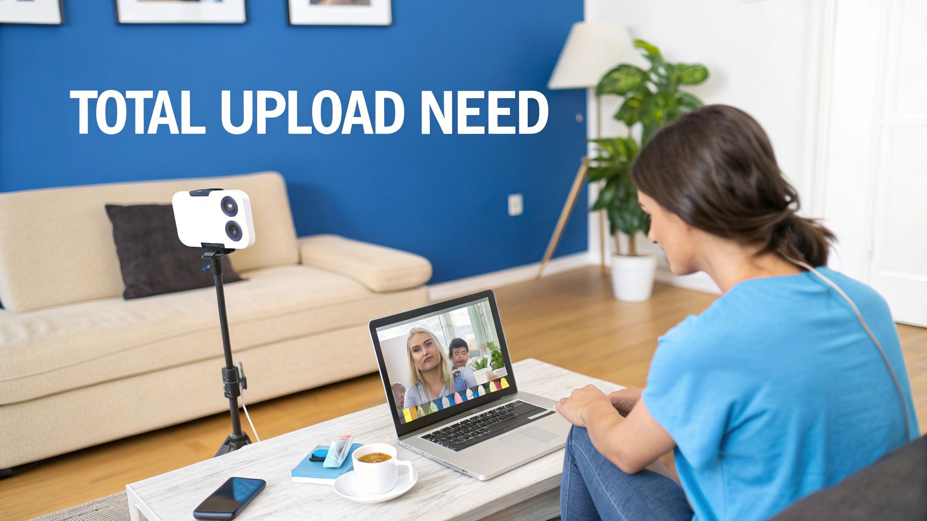 A woman on a video call on her laptop in a living room, with a camera set up for streaming.