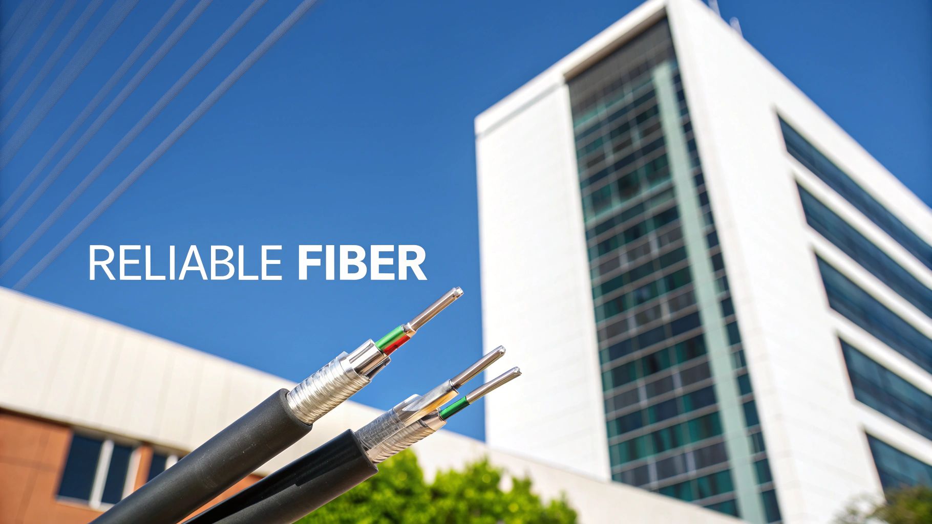 Reliable fiber optic cables shown against a modern building and clear blue sky.